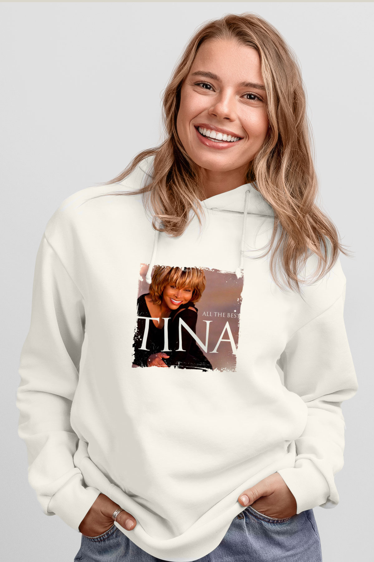 Tine Turner Baskılı Unisex Beyaz Kapüşonlu Sweatshirt