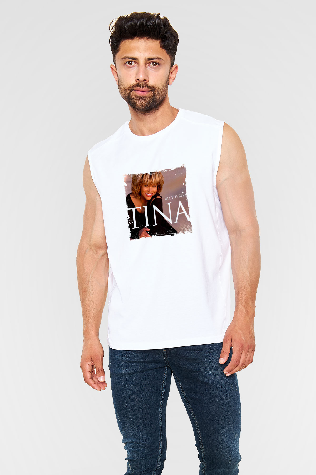 Tine Turner Baskılı Unisex Beyaz Kolsuz Tişört