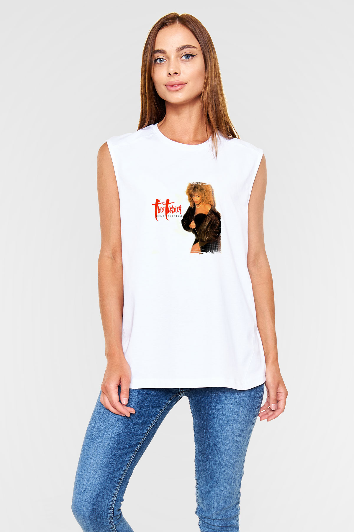 Tine Turner Baskılı Unisex Beyaz Kolsuz Tişört