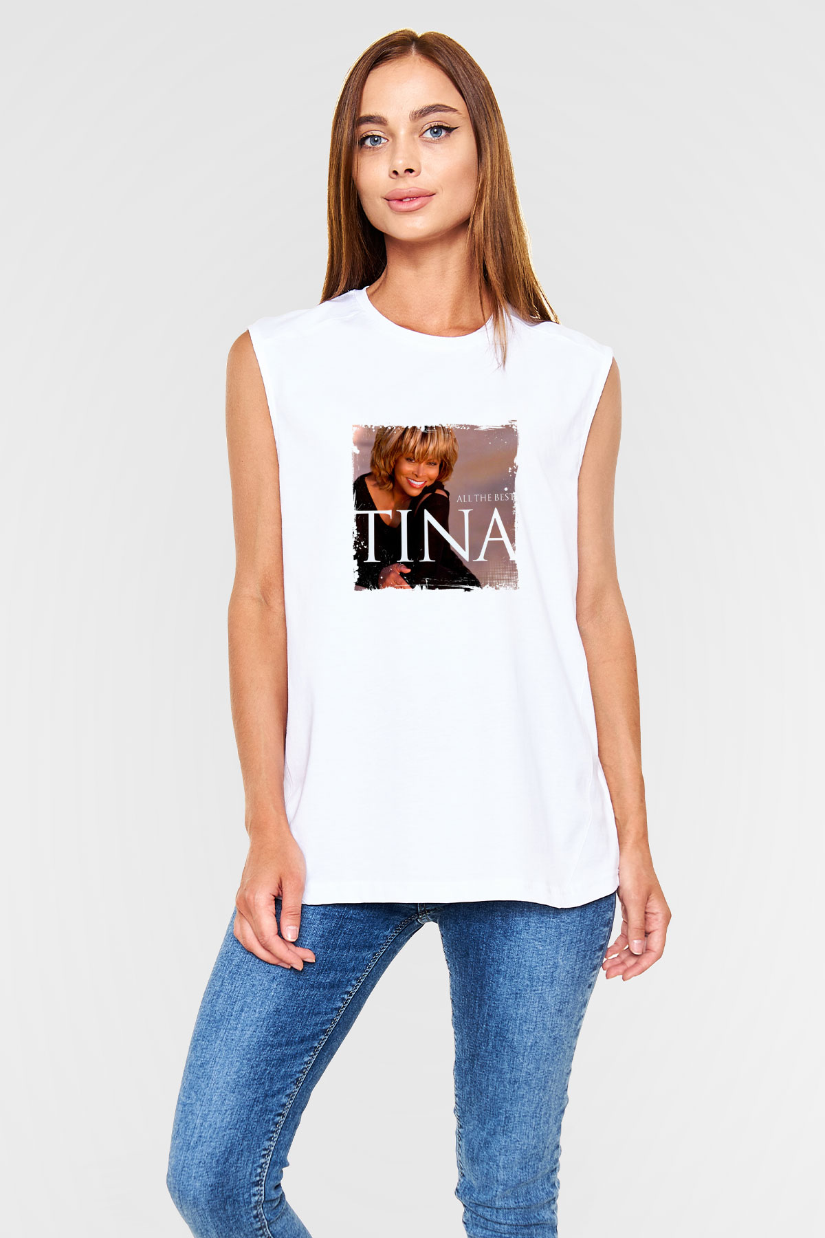 Tine Turner Baskılı Unisex Beyaz Kolsuz Tişört
