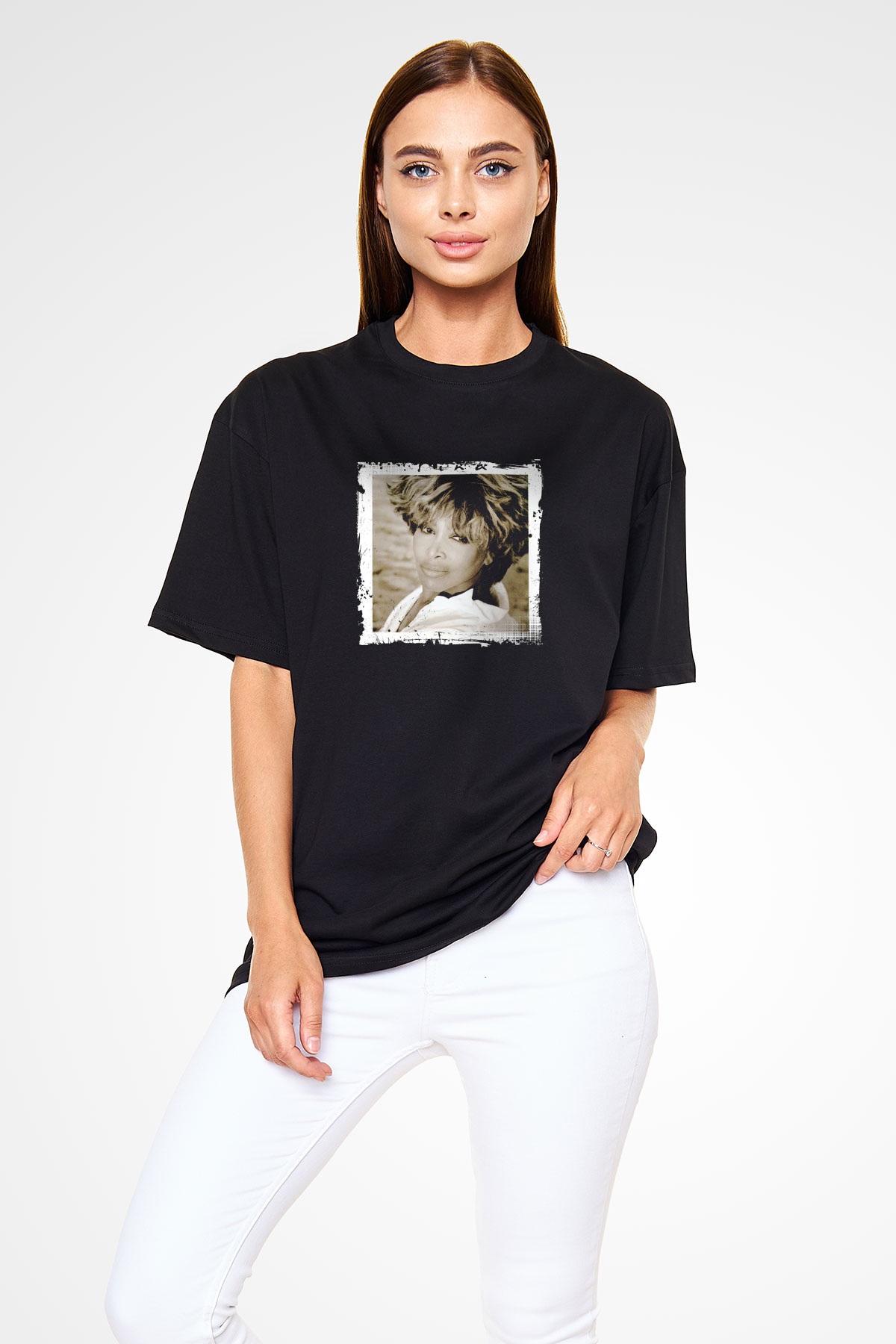 Tine Turner Baskılı Unisex Oversize Siyah Tişört