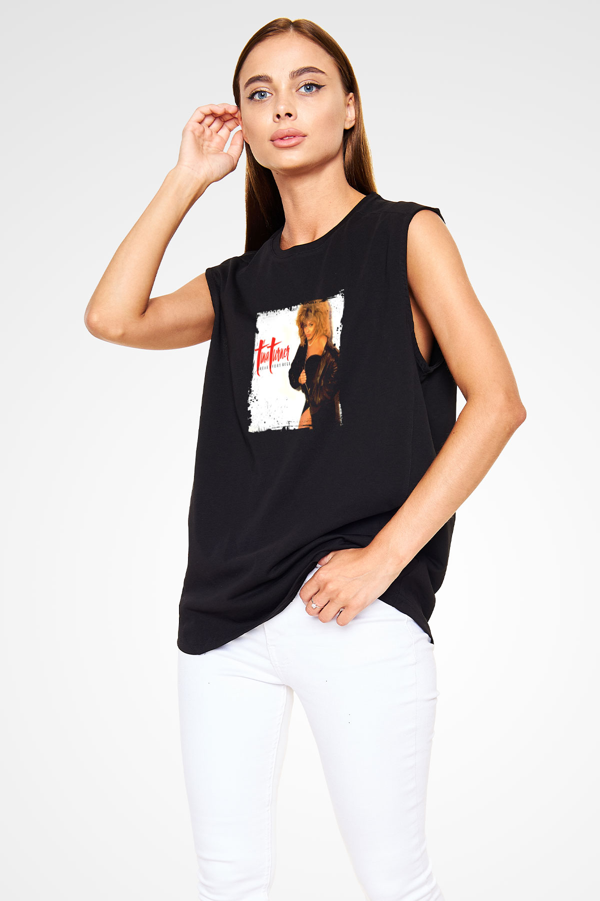 Tine Turner Baskılı Unisex Siyah Kolsuz Tişört
