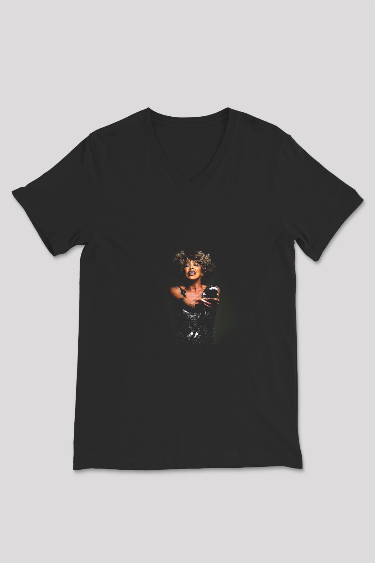 Tine Turner Baskılı Unisex Siyah V Yaka Tişört