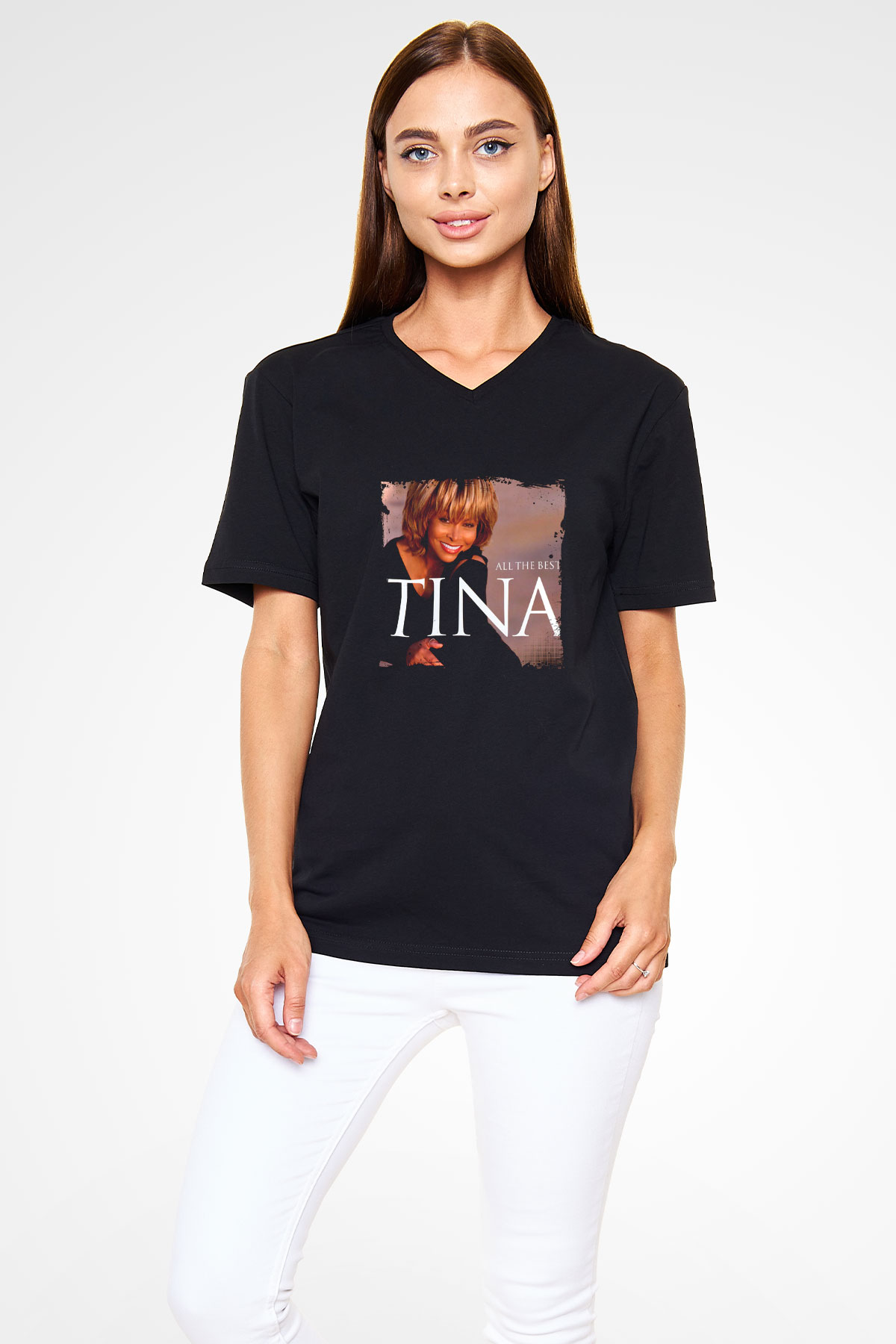 Tine Turner Baskılı Unisex Siyah V Yaka Tişört