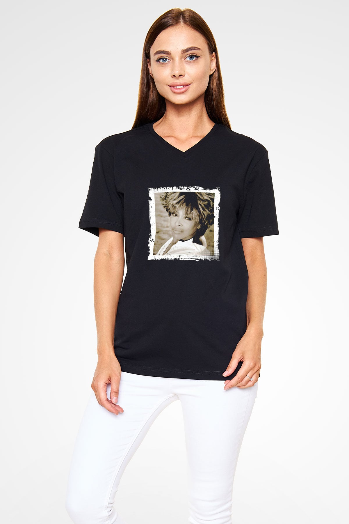 Tine Turner Baskılı Unisex Siyah V Yaka Tişört