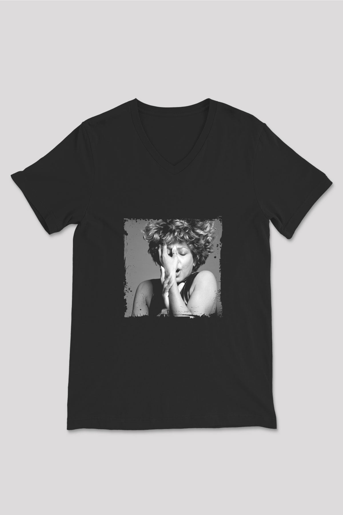 Tine Turner Baskılı Unisex Siyah V Yaka Tişört