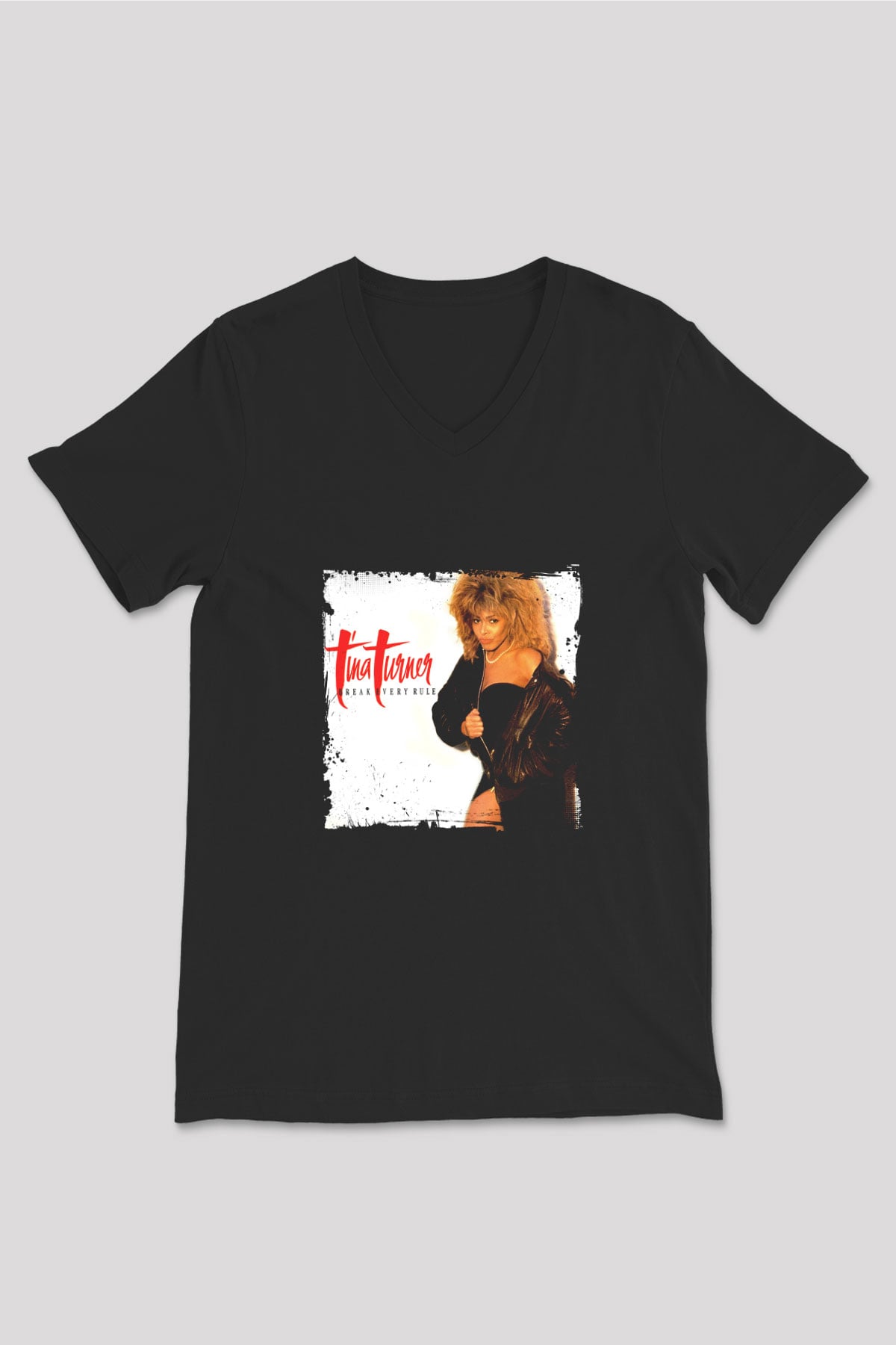 Tine Turner Baskılı Unisex Siyah V Yaka Tişört