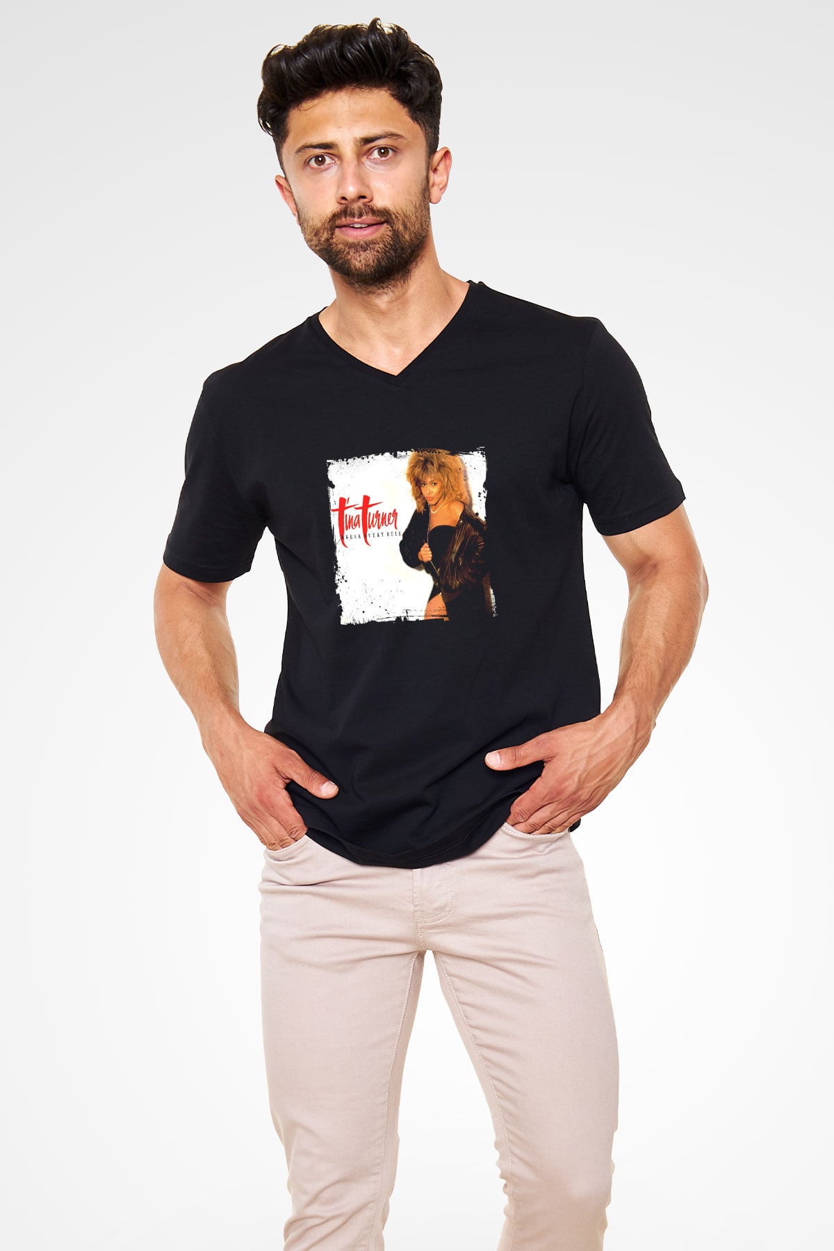 Tine Turner Baskılı Unisex Siyah V Yaka Tişört