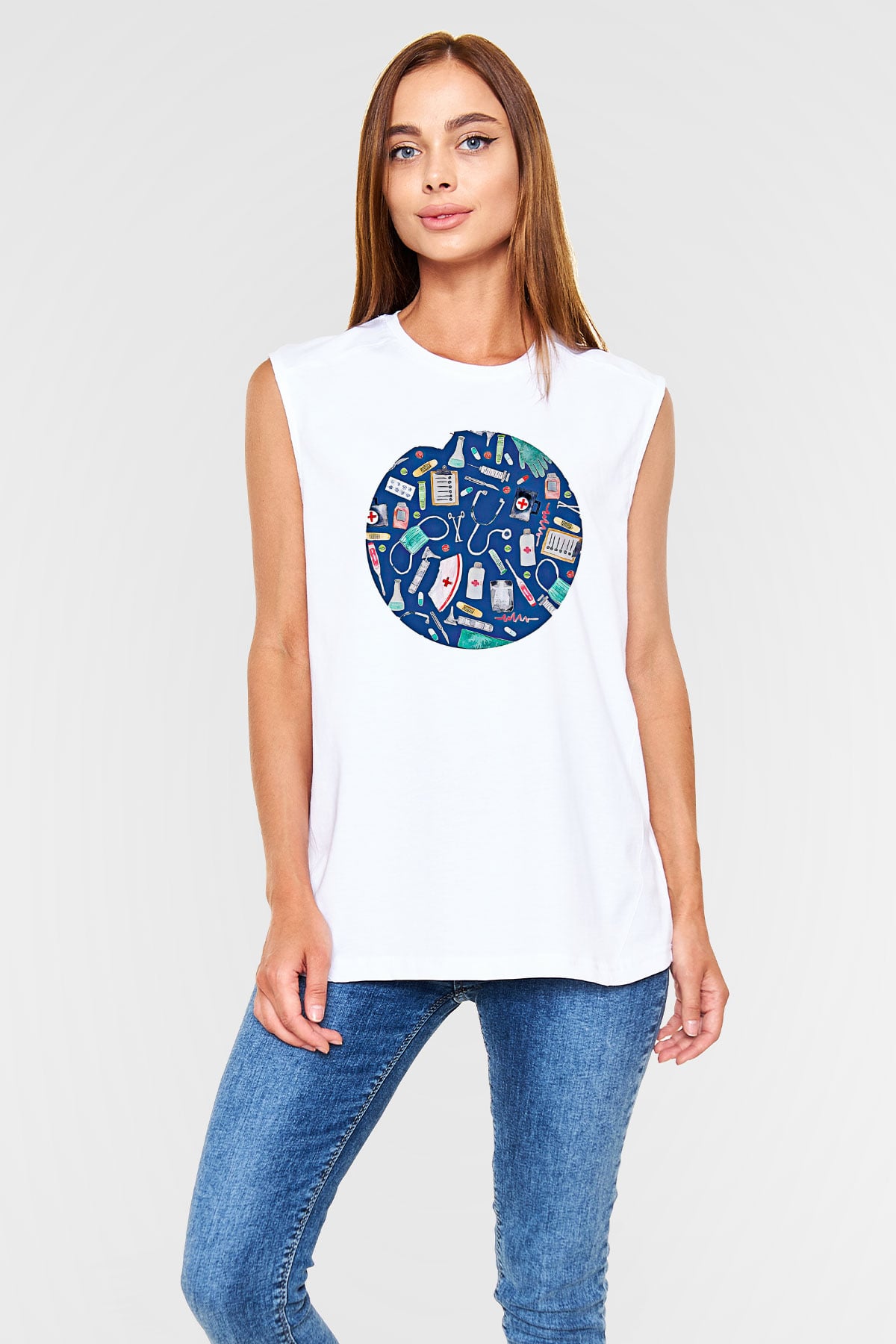 Tıp Bayramı Baskılı Beyaz Unisex Kolsuz Tişört - Tshirt