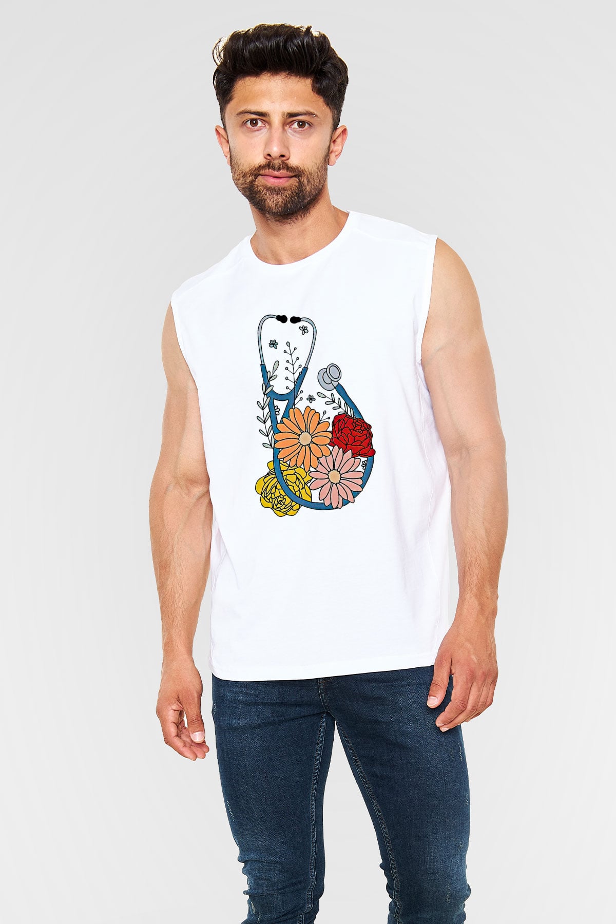 Tıp Bayramı Baskılı Beyaz Unisex Kolsuz Tişört - Tshirt