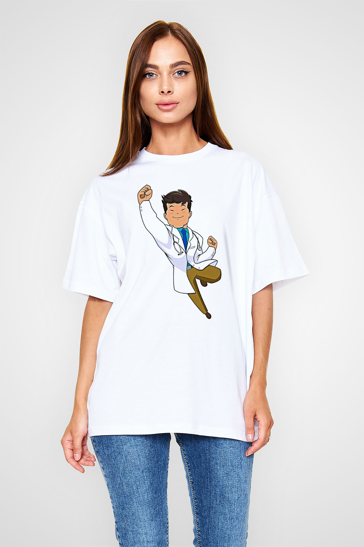 Tıp Bayramı Baskılı Beyaz Unisex Oversize Tişört - Tshirt