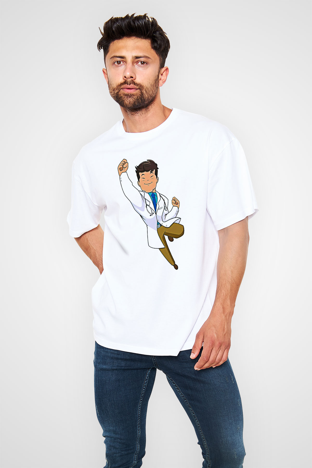 Tıp Bayramı Baskılı Beyaz Unisex Oversize Tişört - Tshirt