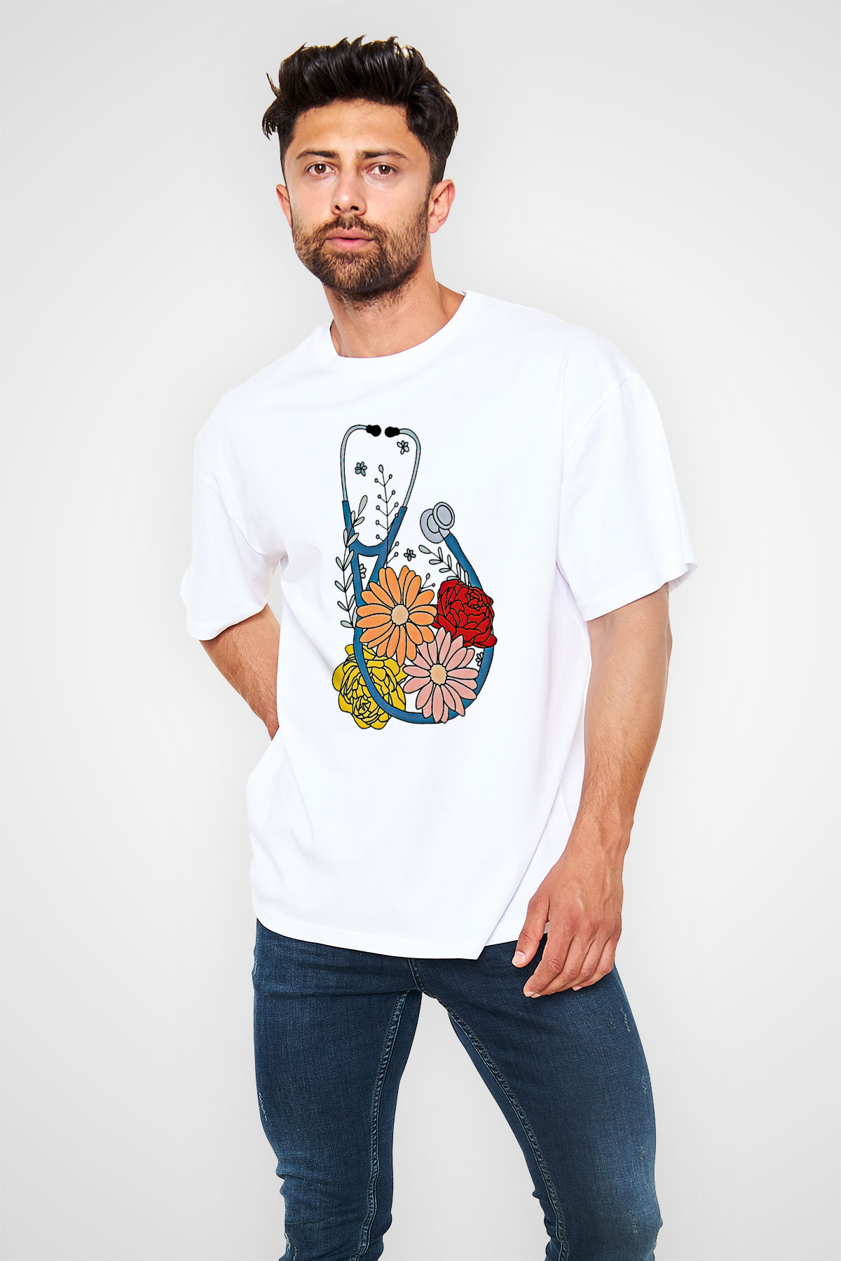Tıp Bayramı Baskılı Beyaz Unisex Oversize Tişört - Tshirt
