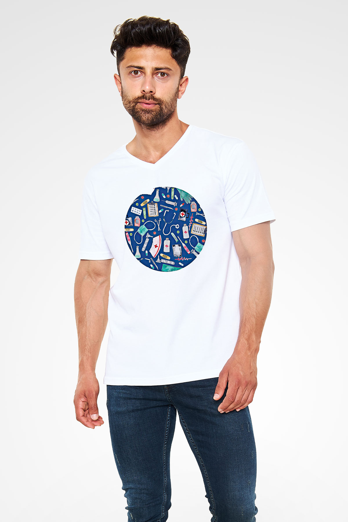 Tıp Bayramı Baskılı Beyaz Unisex V Yaka Tişört - Tshirt