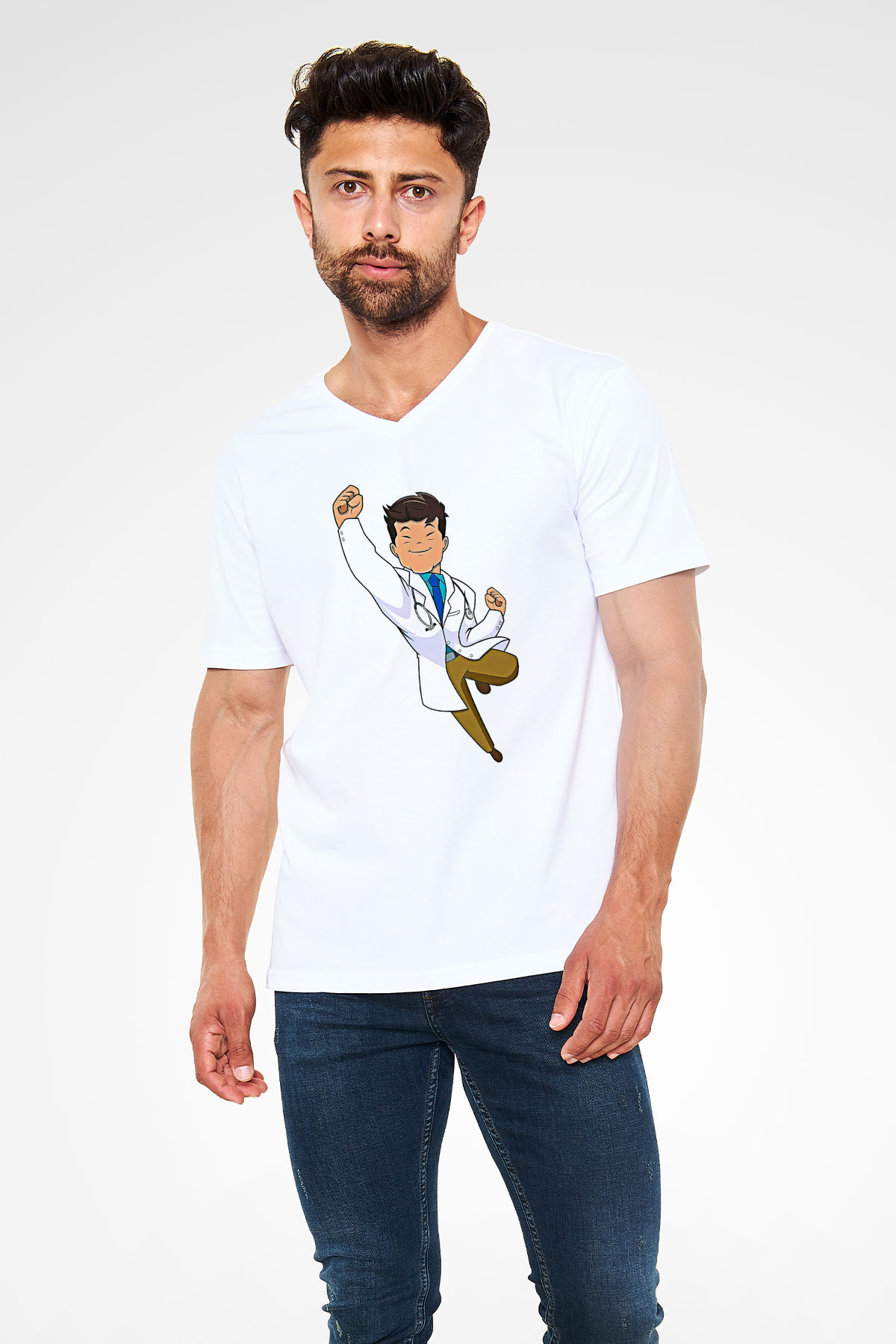 Tıp Bayramı Baskılı Beyaz Unisex V Yaka Tişört - Tshirt