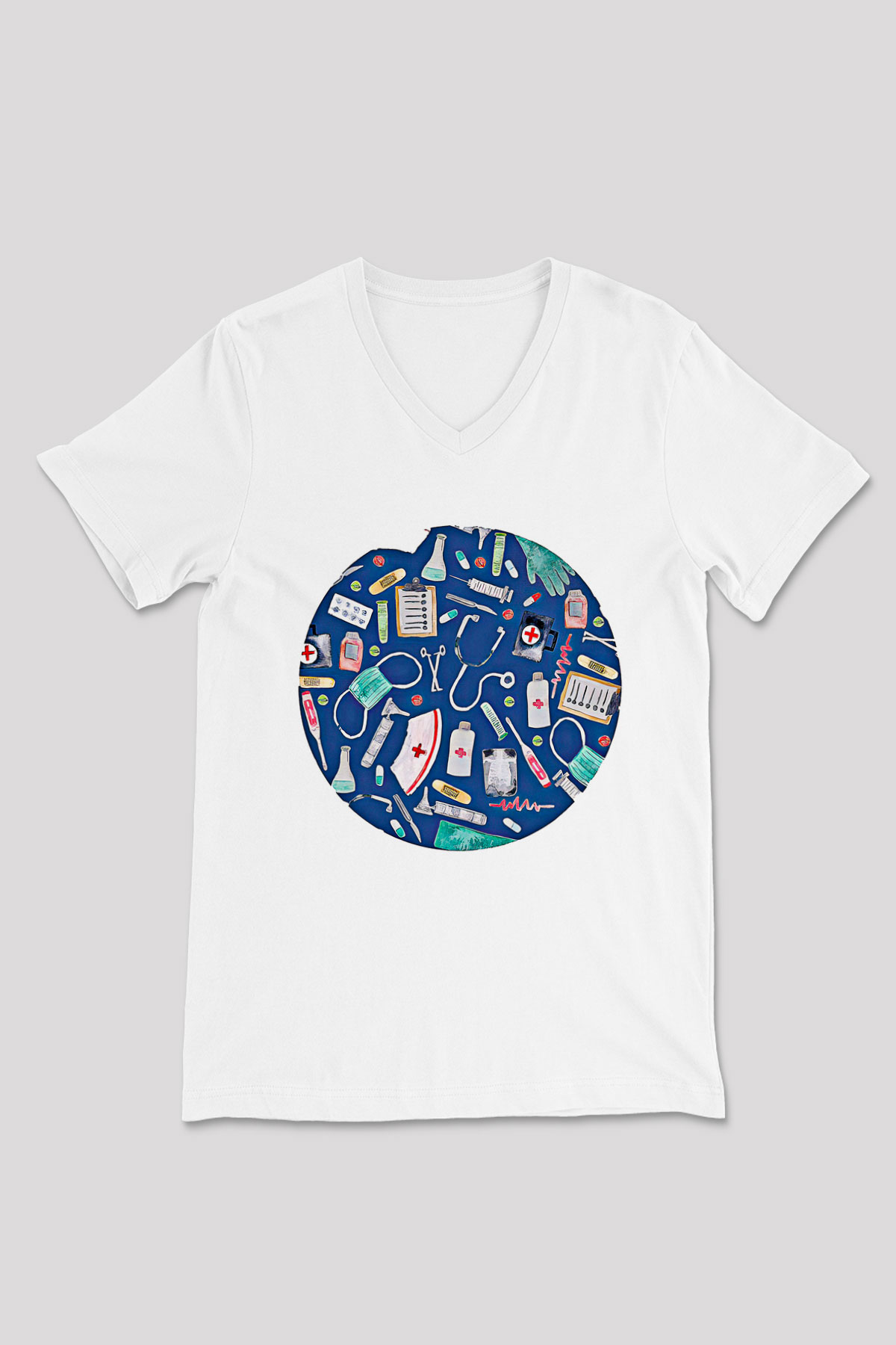 Tıp Bayramı Baskılı Beyaz Unisex V Yaka Tişört - Tshirt