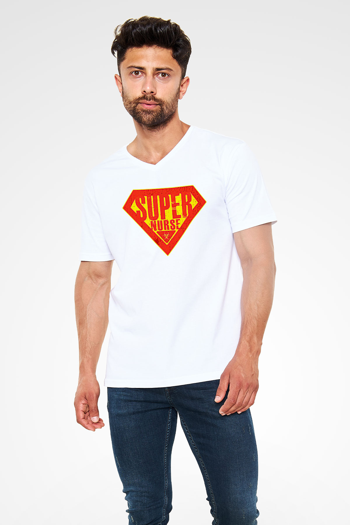Tıp Bayramı Baskılı Beyaz Unisex V Yaka Tişört - Tshirt