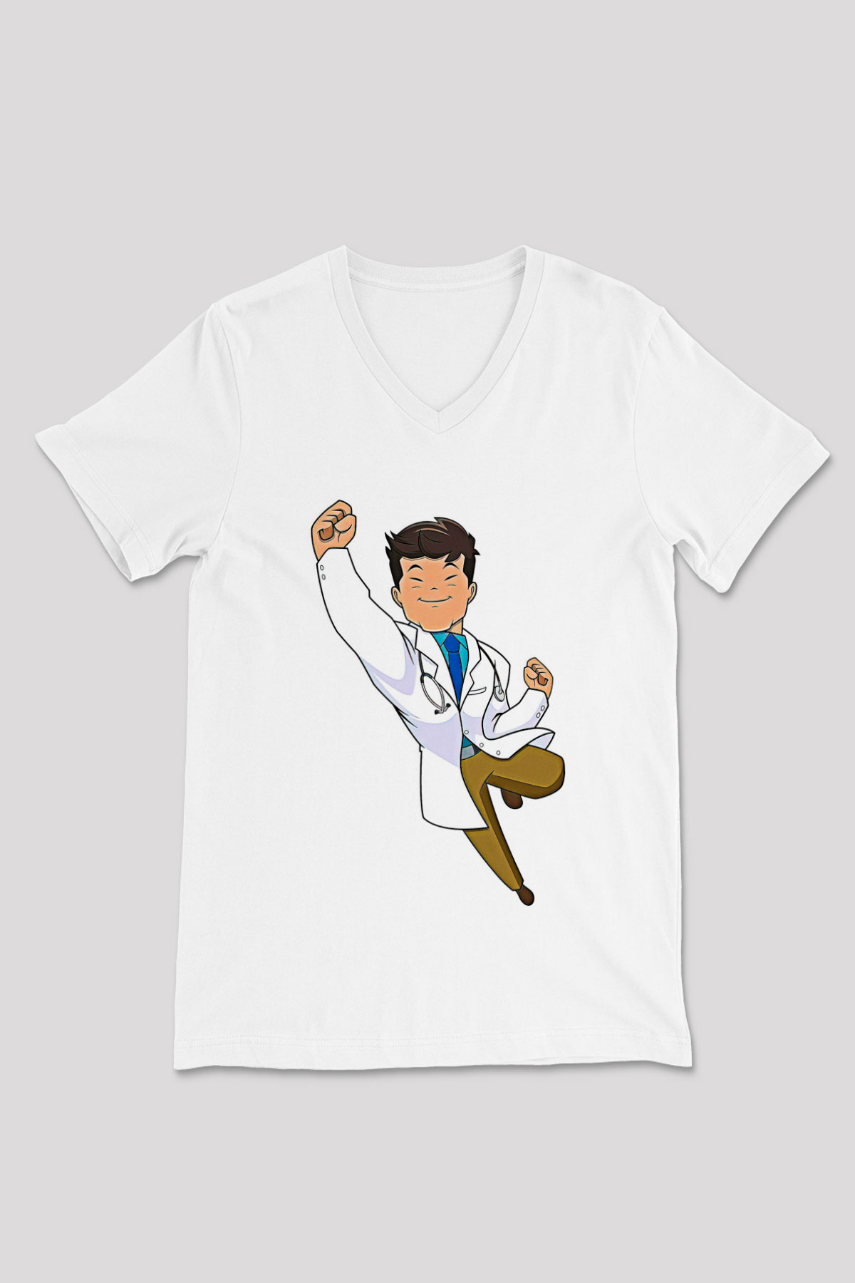 Tıp Bayramı Baskılı Beyaz Unisex V Yaka Tişört - Tshirt