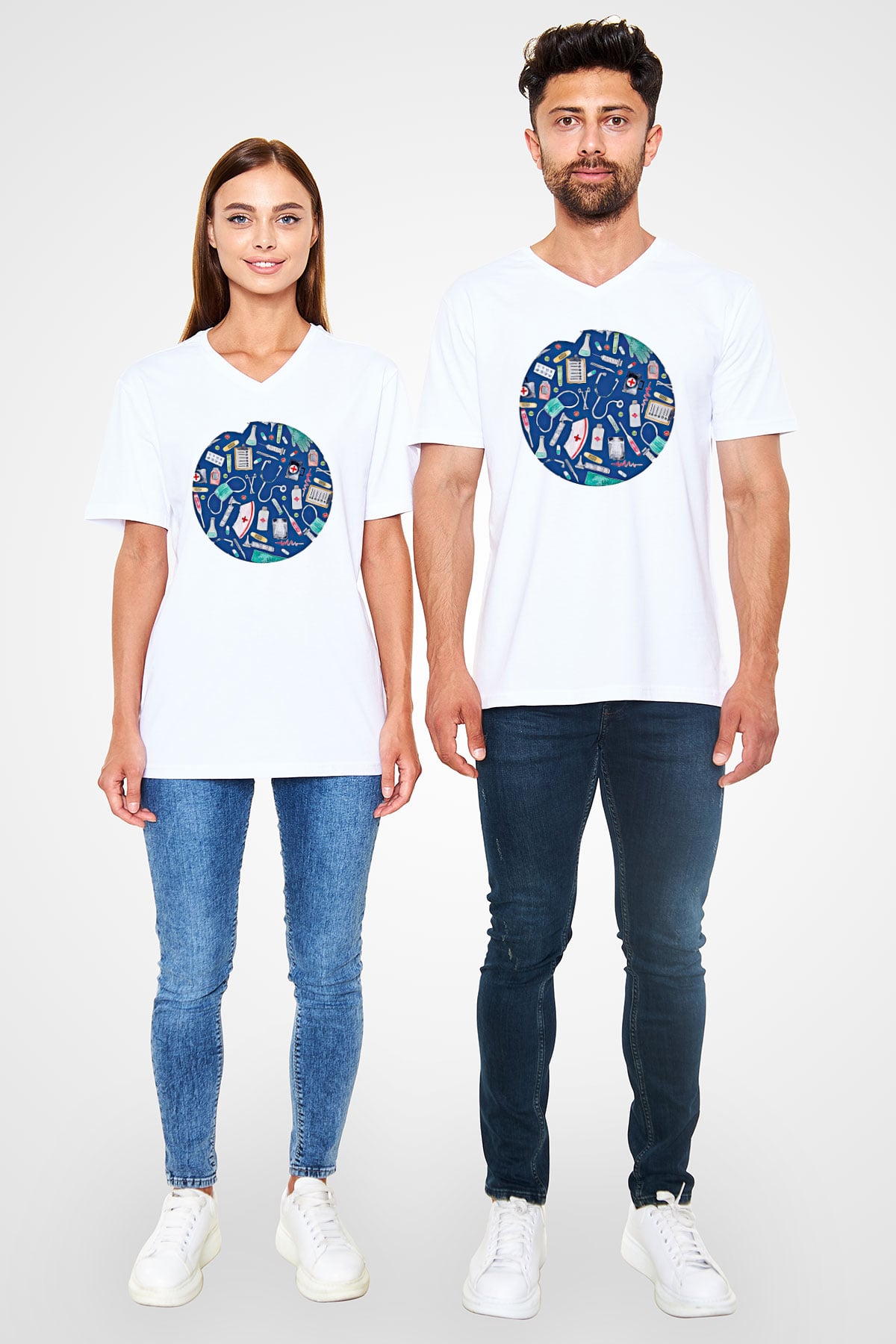 Tıp Bayramı Baskılı Beyaz Unisex V Yaka Tişört - Tshirt