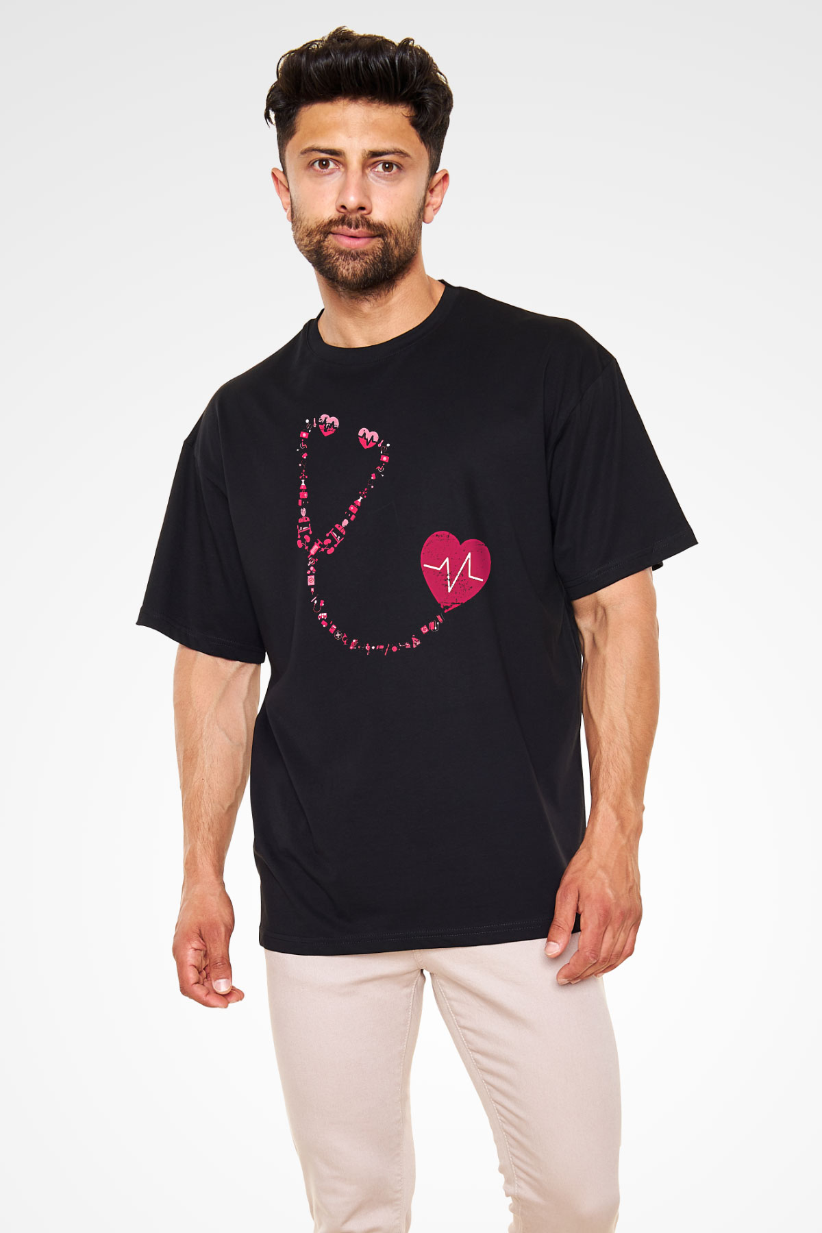 Tıp Bayramı Baskılı Unisex Siyah Oversize Tişört - Tshirt