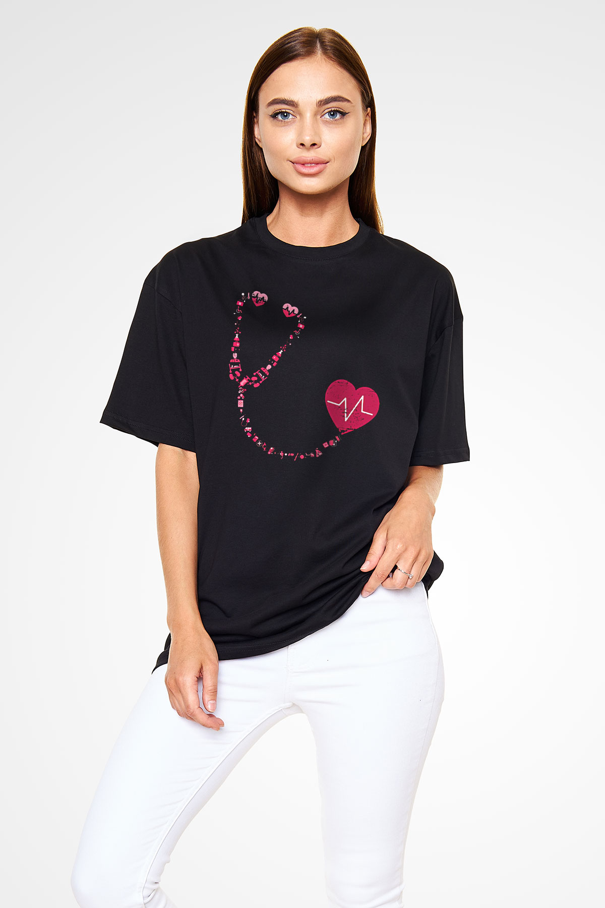 Tıp Bayramı Baskılı Unisex Siyah Oversize Tişört - Tshirt