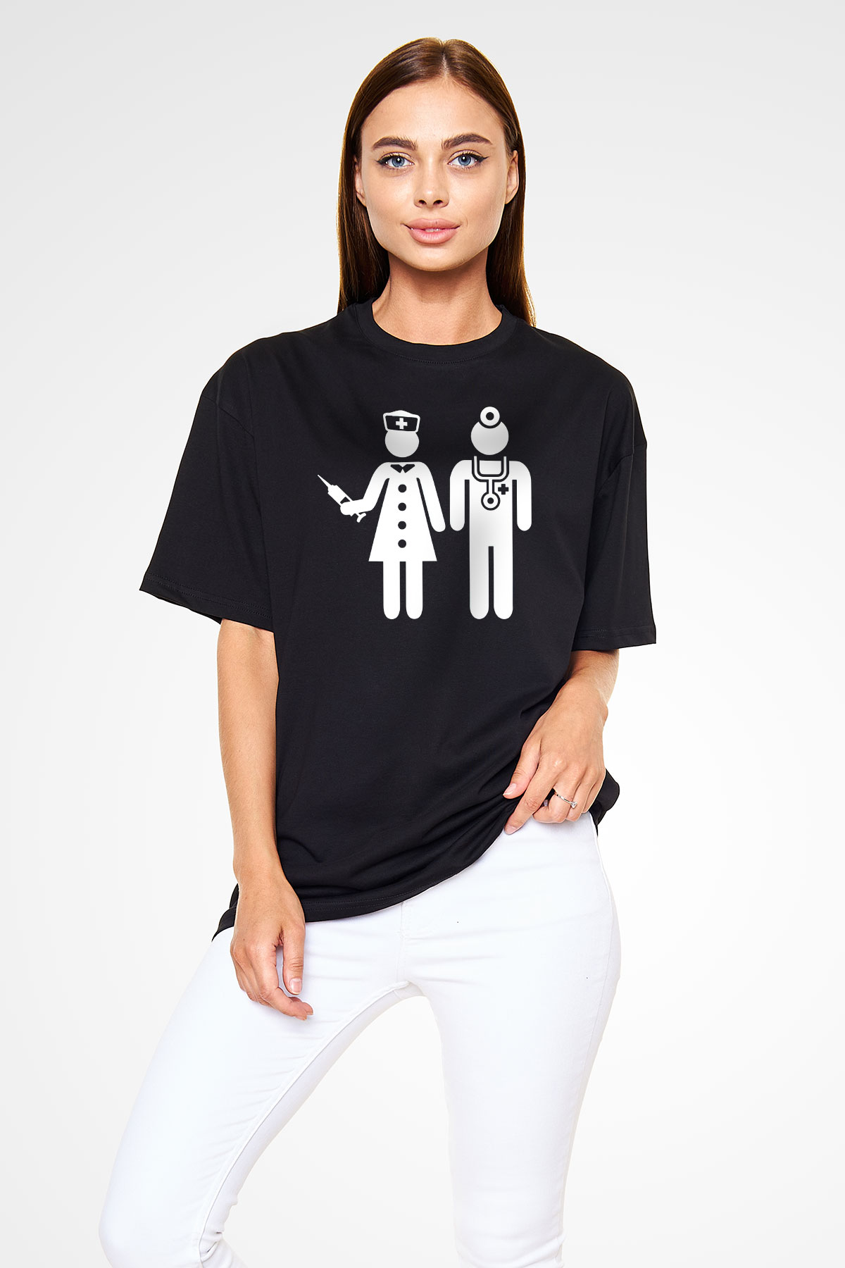 Tıp Bayramı Baskılı Unisex Siyah Oversize Tişört - Tshirt