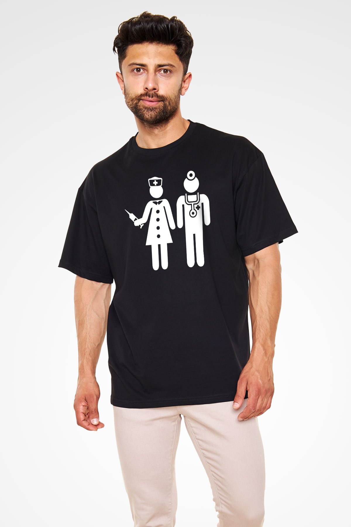 Tıp Bayramı Baskılı Unisex Siyah Oversize Tişört - Tshirt