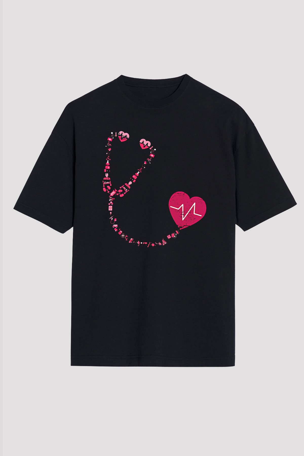 Tıp Bayramı Baskılı Unisex Siyah Oversize Tişört - Tshirt