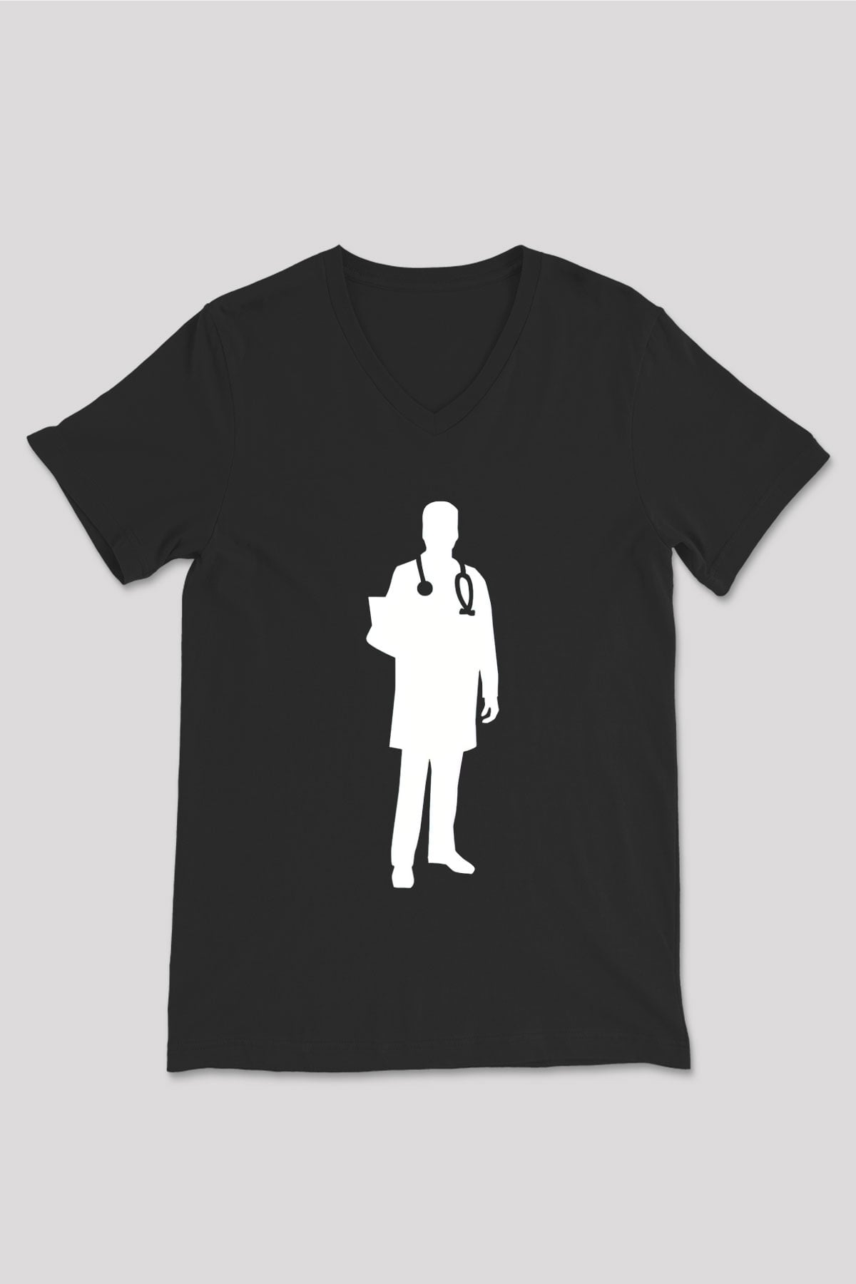 Tıp Bayramı Baskılı Unisex Siyah V Yaka Tişört - Tshirt