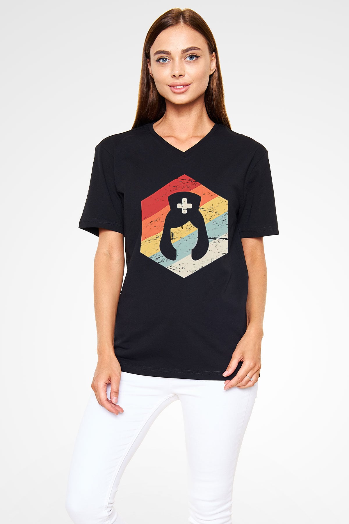 Tıp Bayramı Baskılı Unisex Siyah V Yaka Tişört - Tshirt