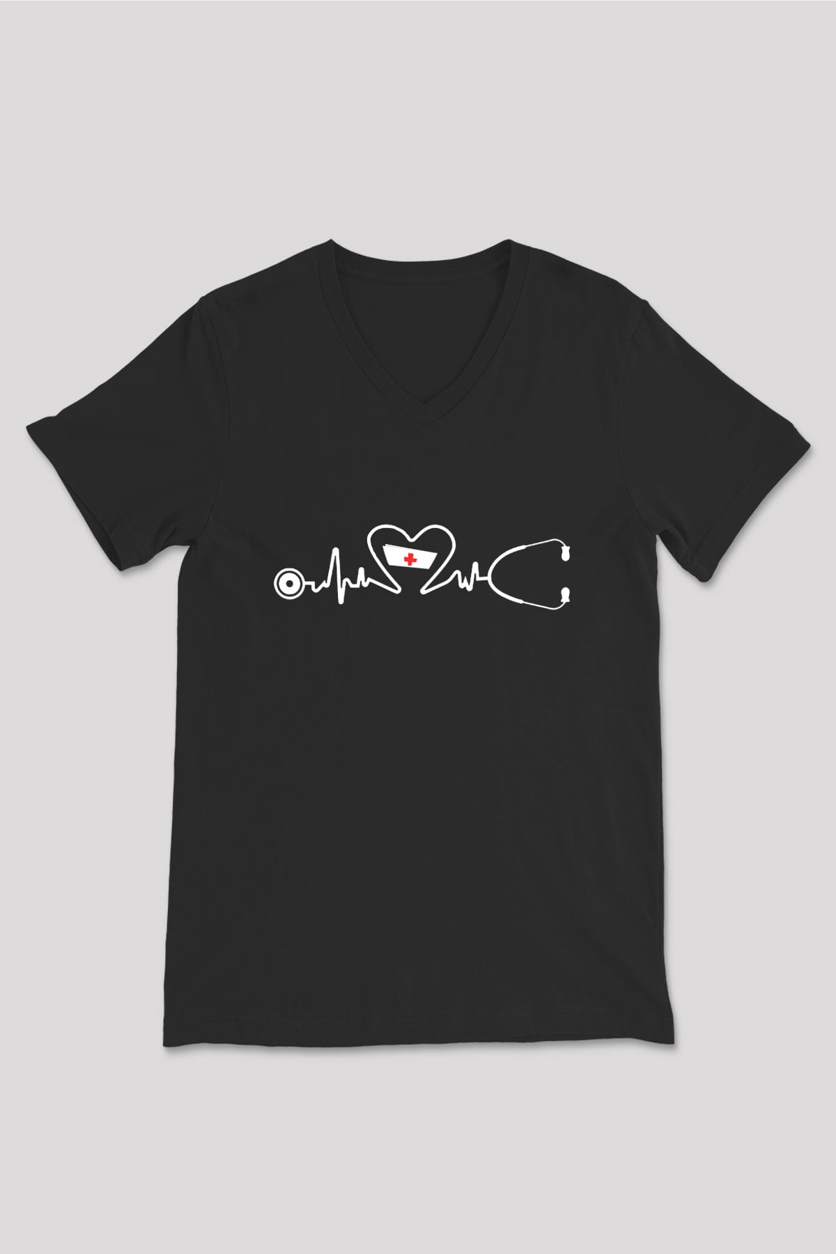 Tıp Bayramı Baskılı Unisex Siyah V Yaka Tişört - Tshirt
