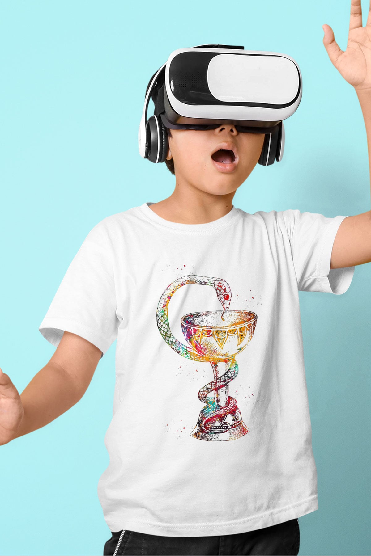 Tıp Sembolü Yılan Baskılı Unisex Beyaz Çocuk Tişörtü - Tshirt