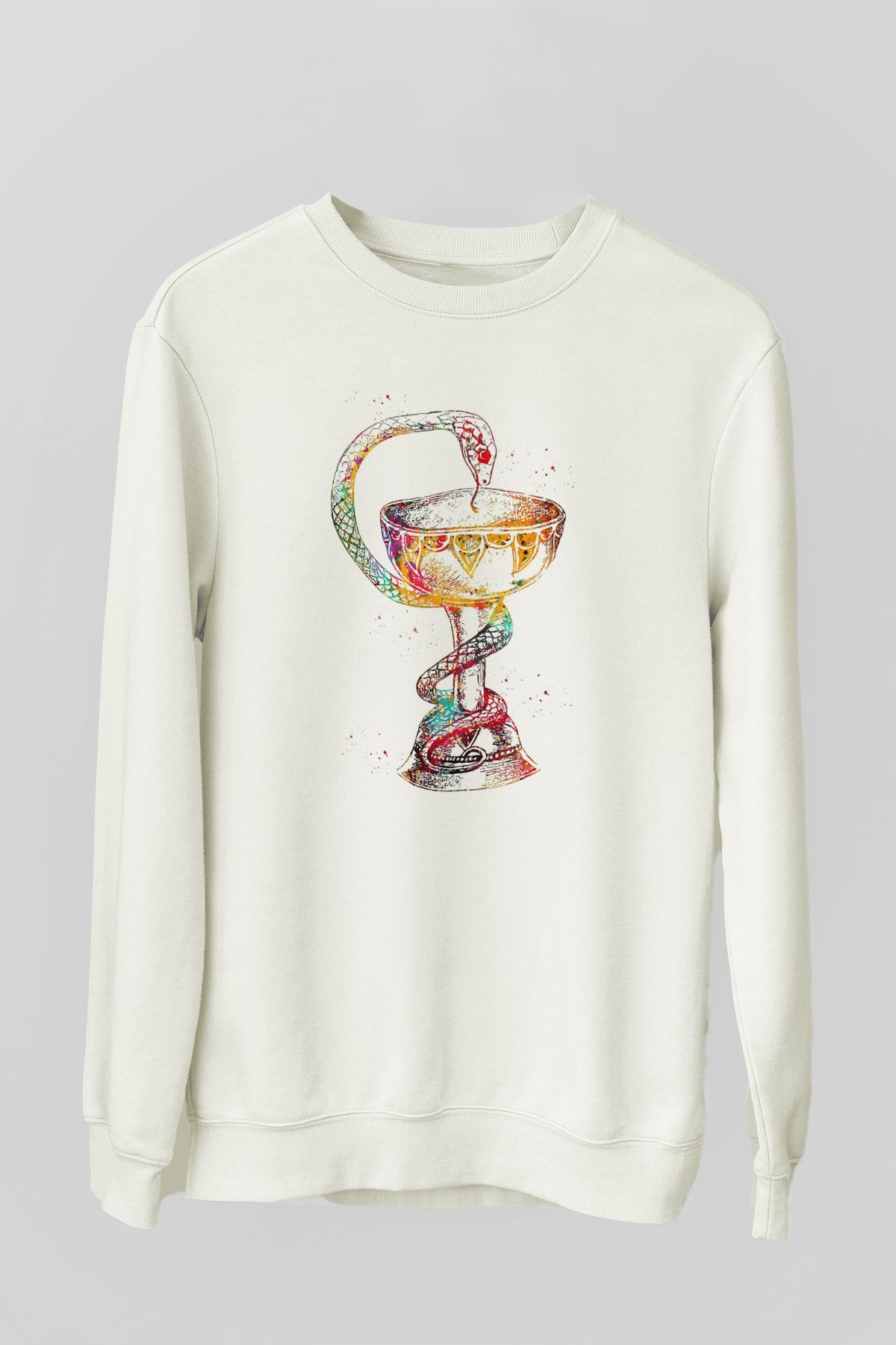 Tıp Sembolü Yılan Baskılı Unisex Ekru Sweatshirt