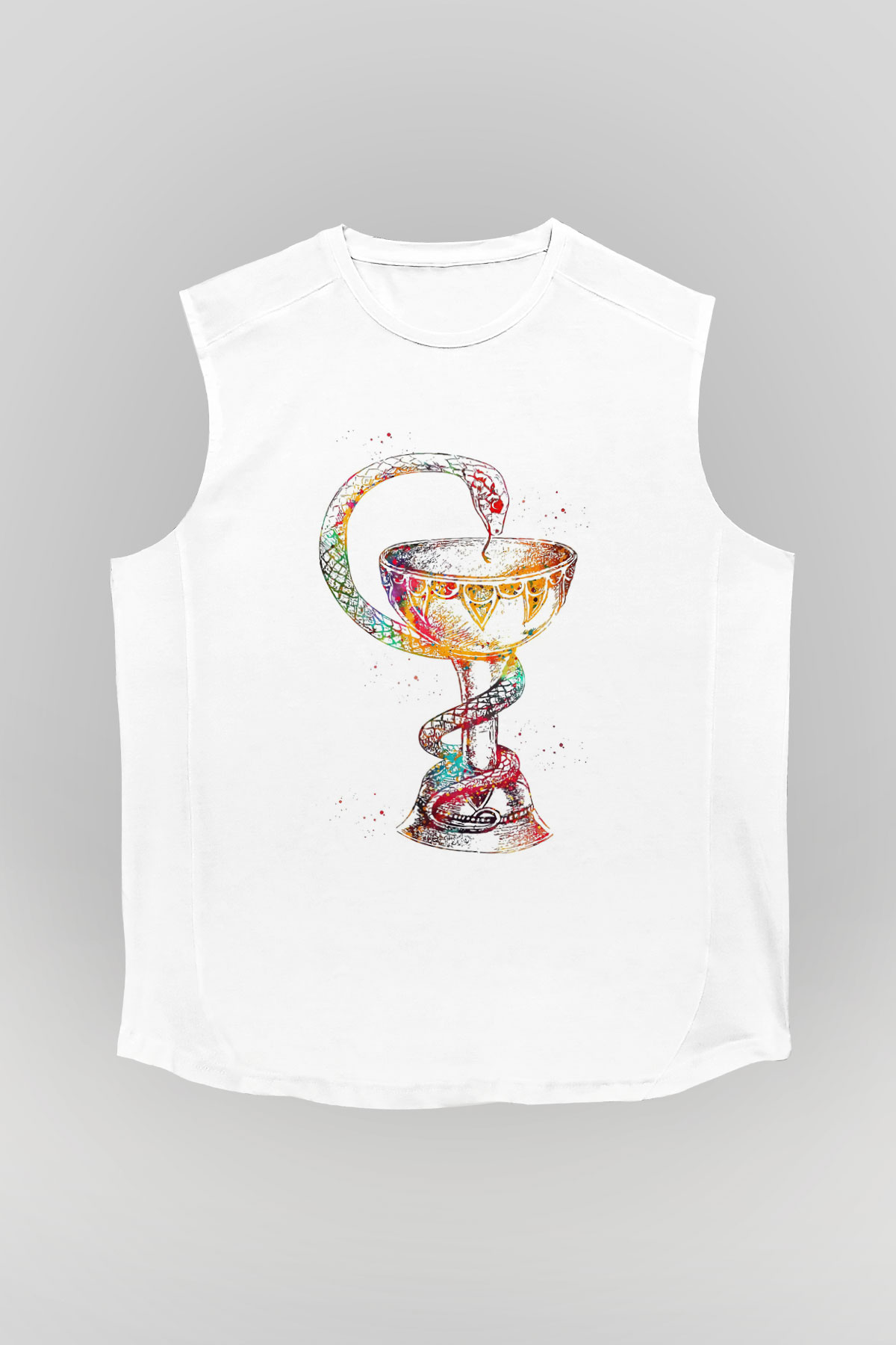 Tıp Sembolü Yılan Baskılı Unisex Kolsuz Beyaz Tişört - Tshirt