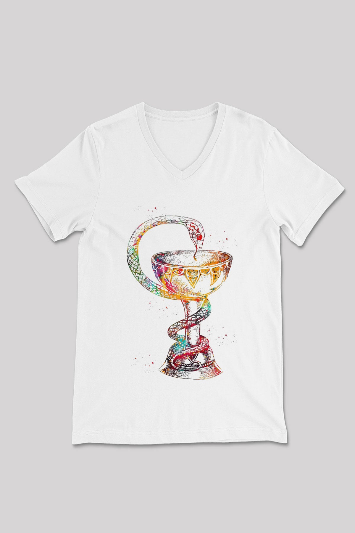 Tıp Sembolü Yılan Baskılı Unisex V Yaka Beyaz Tişört - Tshirt