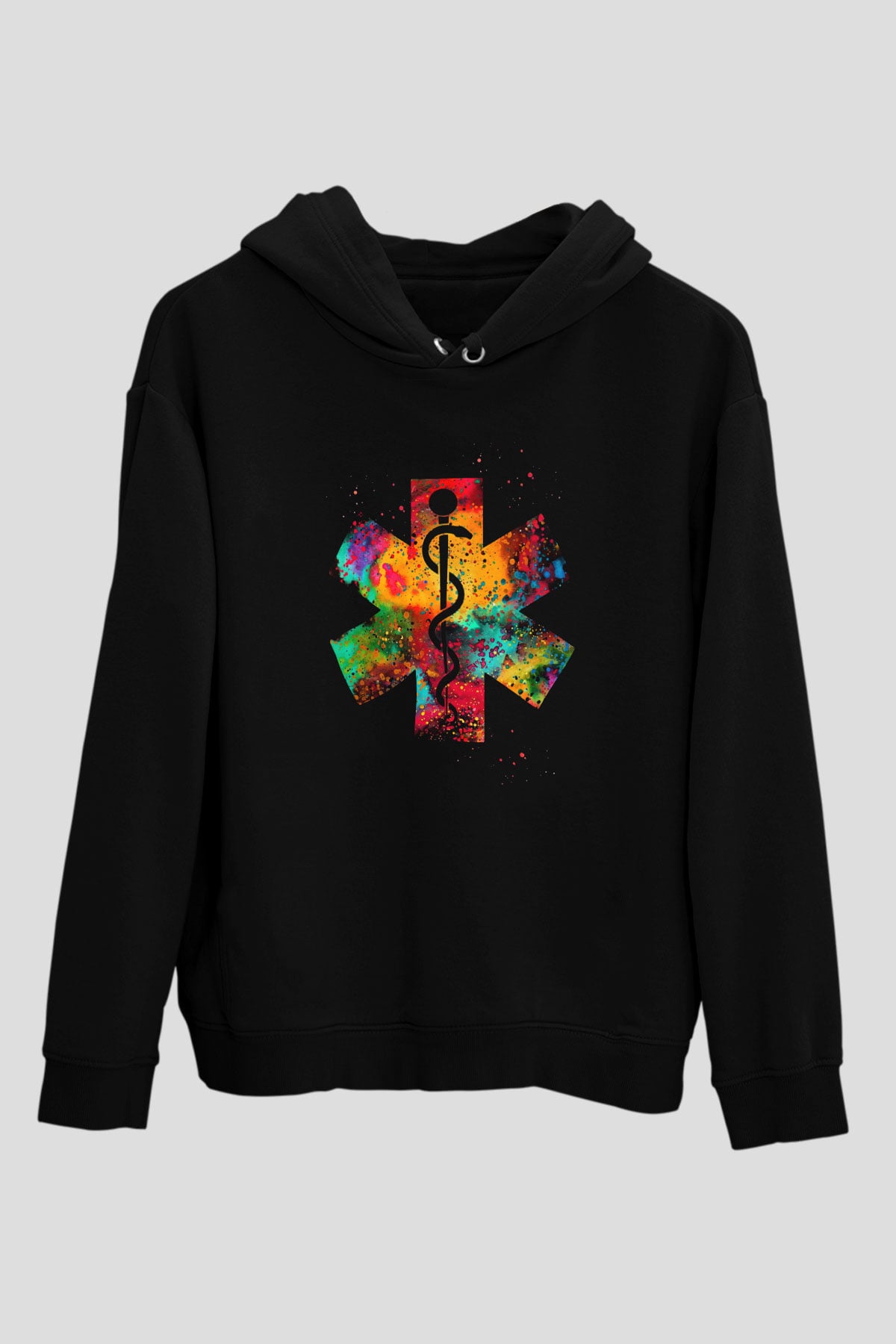 Tıp Tanrısı Asclepius Baskılı Unisex Siyah Kapüşonlu Sweatshirt