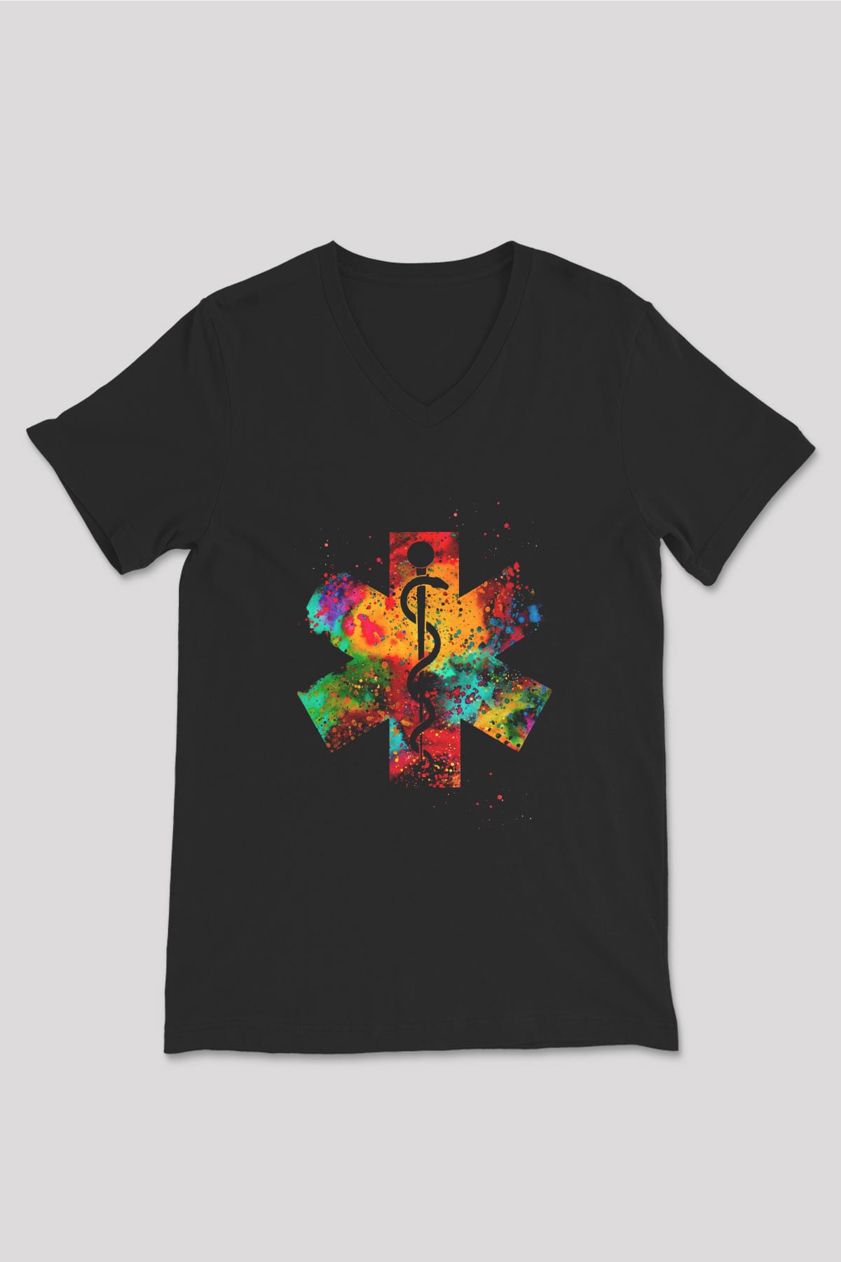 Tıp Tanrısı Asclepius Baskılı Unisex V Yaka Siyah Tİşört - Tshirt