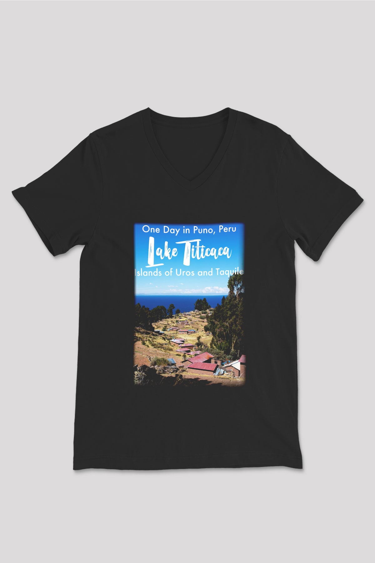 Titikaka Gölü Siyah Unisex V Yaka Tişört T-Shirt