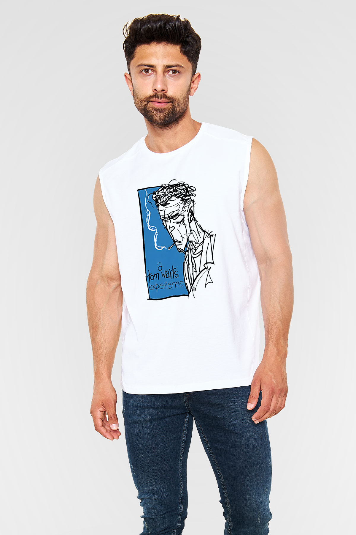 Tom Waits Baskılı Beyaz Unisex Kolsuz Tişört - Tshirt