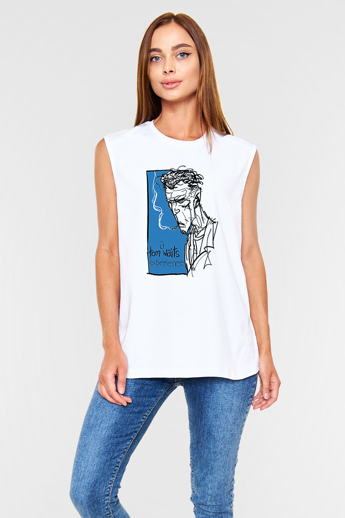 Tom Waits Baskılı Beyaz Unisex Kolsuz Tişört - Tshirt