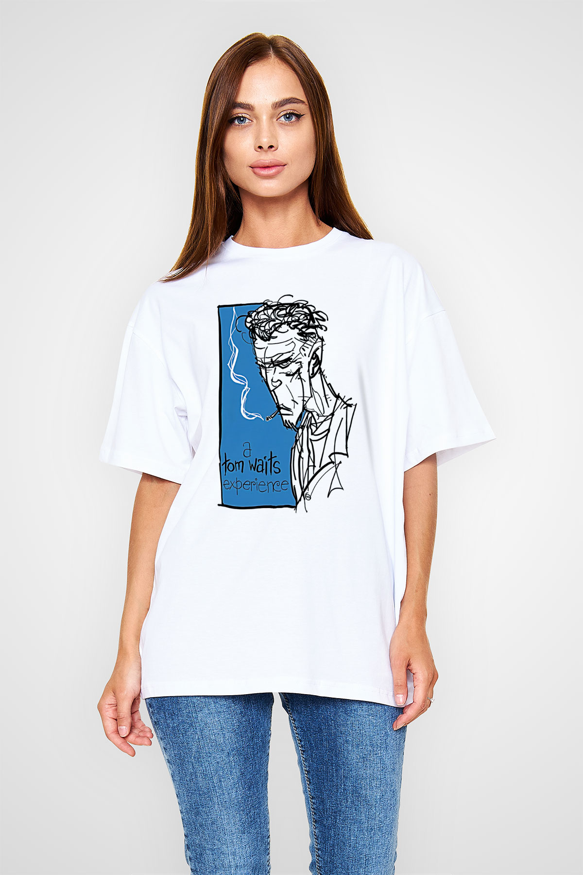 Tom Waits Baskılı Beyaz Unisex Oversize Tişört - Tshirt