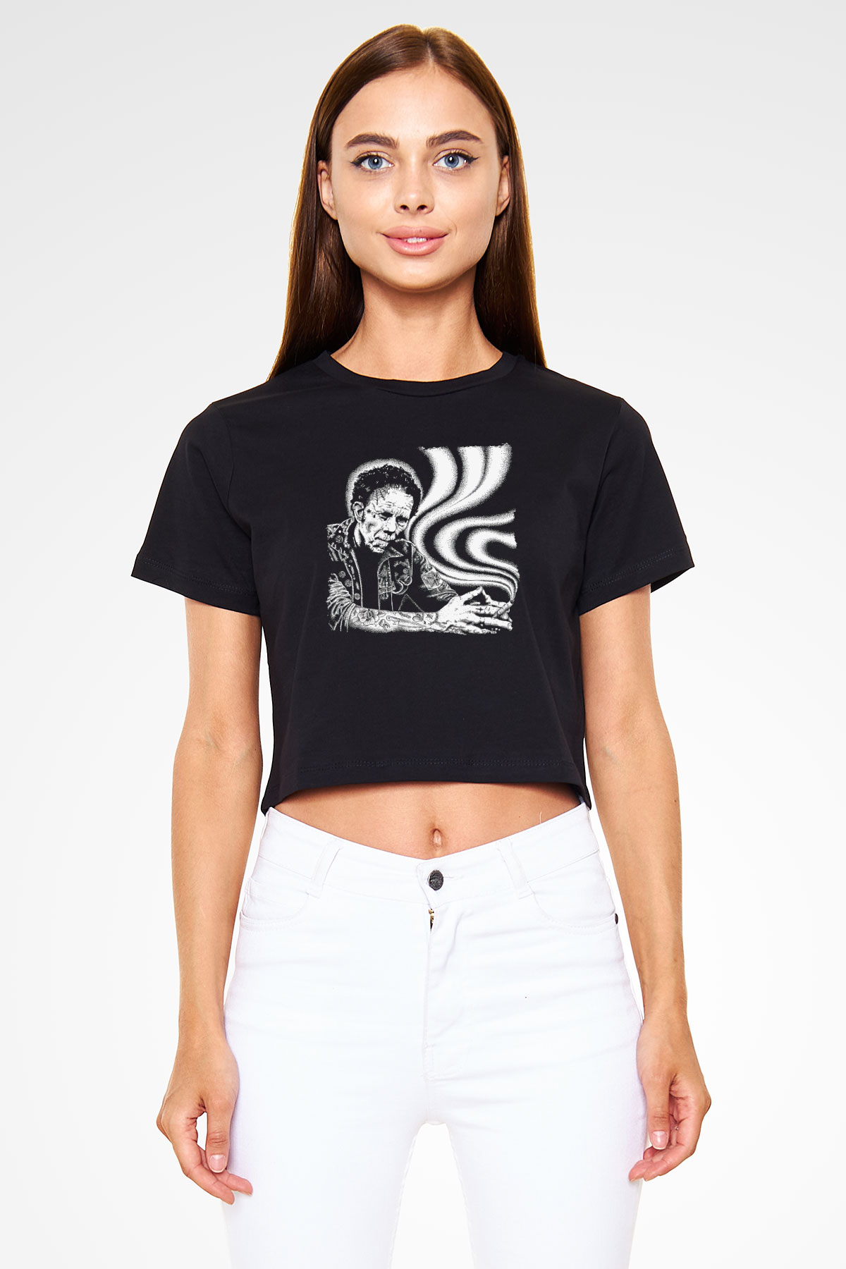 Tom Waits Baskılı Siyah Crop Top Kadın Tişört - Tshirt