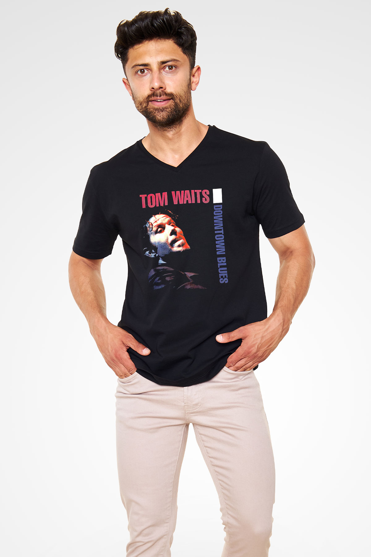 Tom Waits Baskılı Unisex Siyah V Yaka Tişört - Tshirt