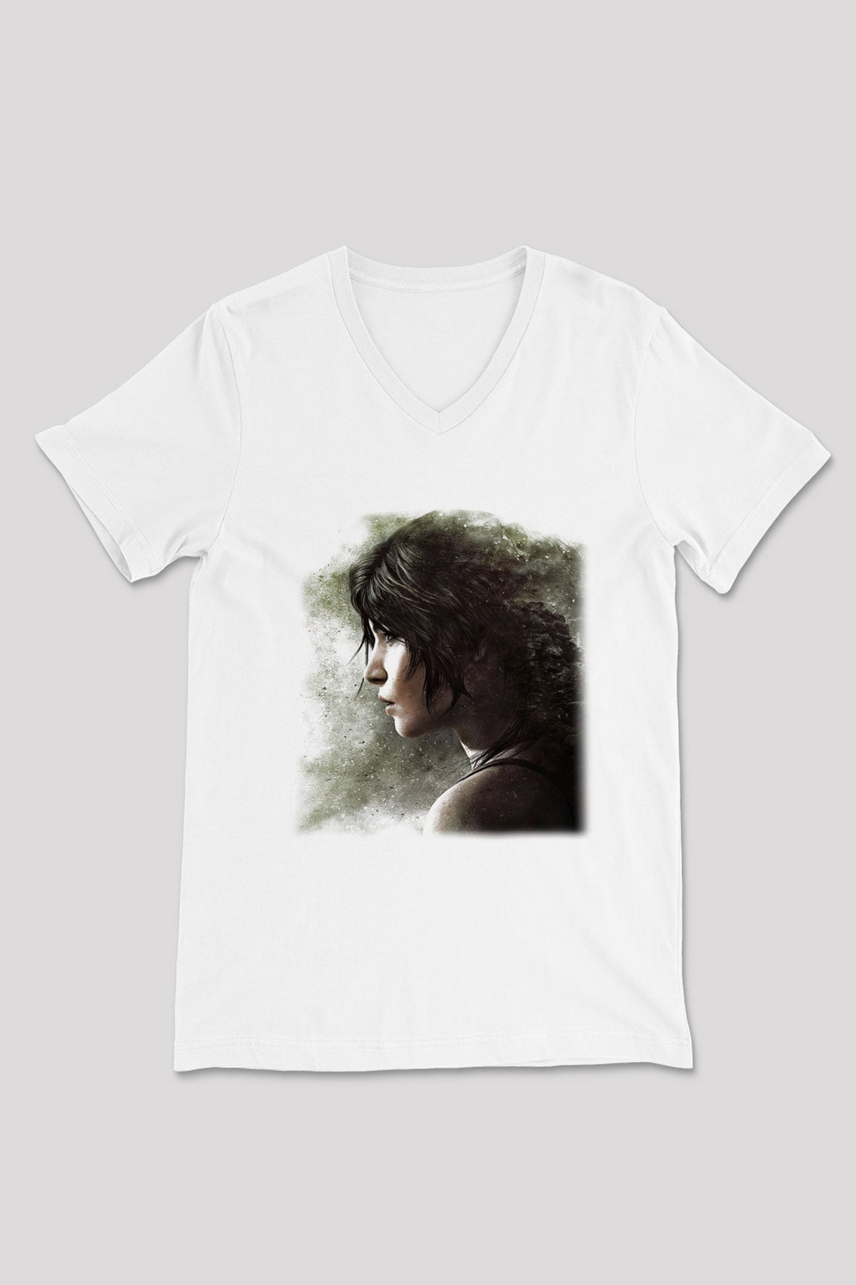Tomb Raider Beyaz Unisex V Yaka Tişört T-Shirt