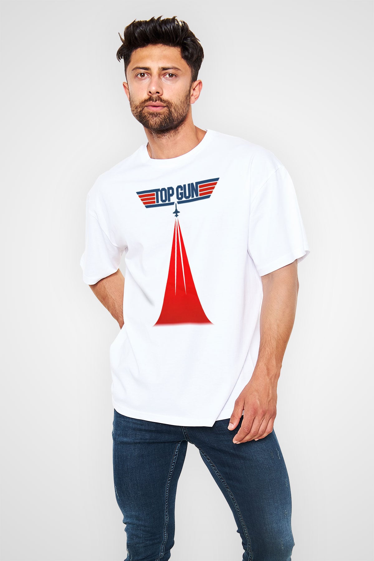Top Gun Beyaz Unisex Oversize Tişört T-Shirt