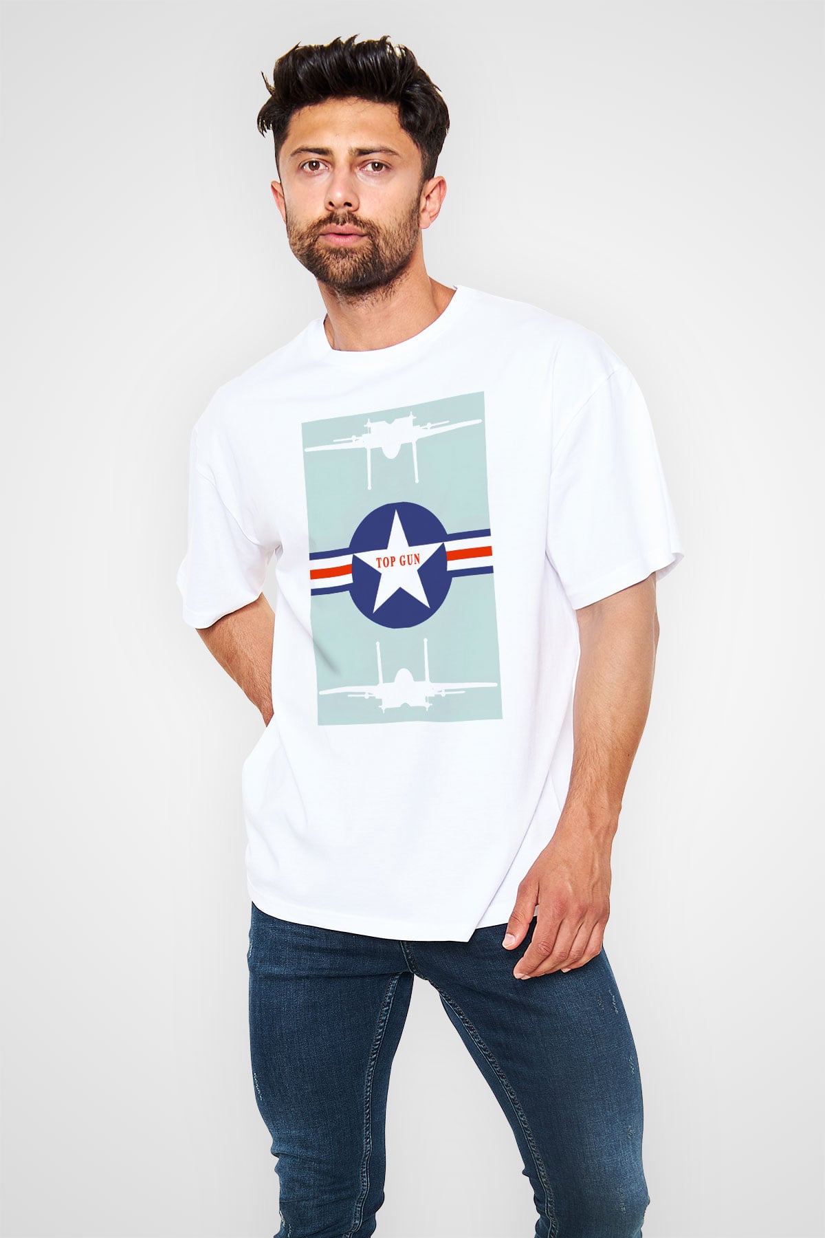 Top Gun Beyaz Unisex Oversize Tişört T-Shirt