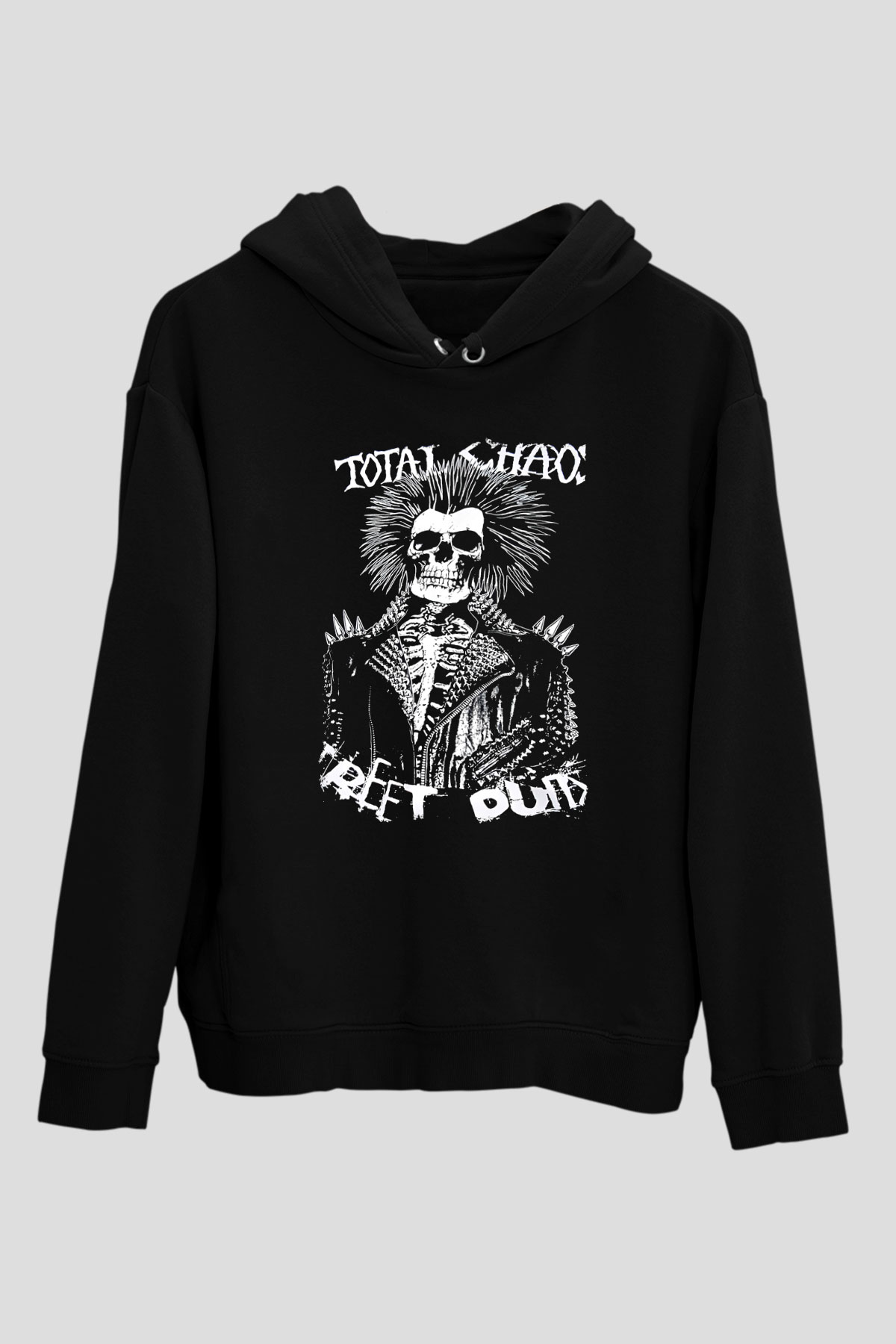 Total Chaos Baskılı Unisex Siyah Kapüşonlu Sweatshirt
