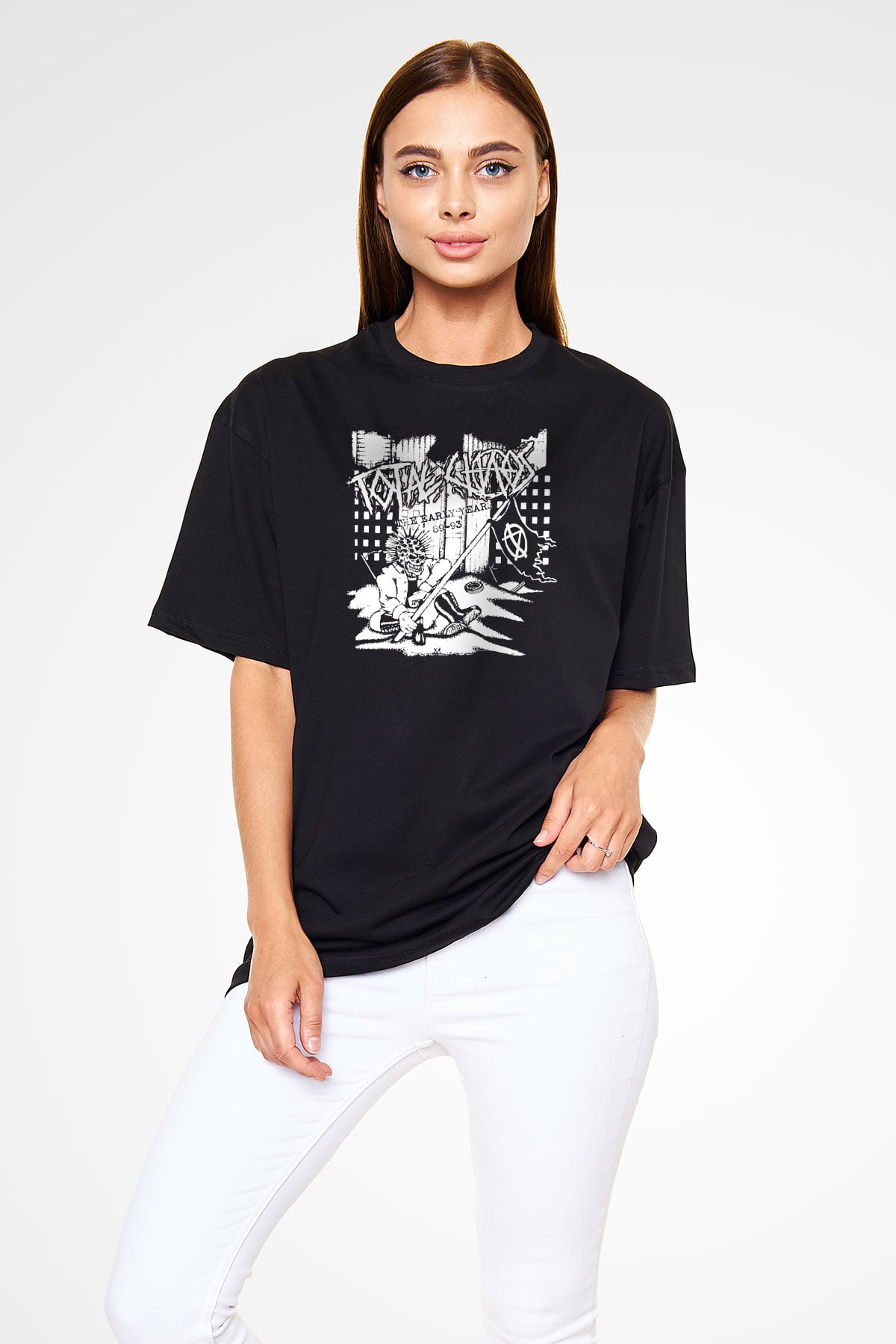 Total Chaos Baskılı Unisex Siyah Oversize Tişört - Tshirt