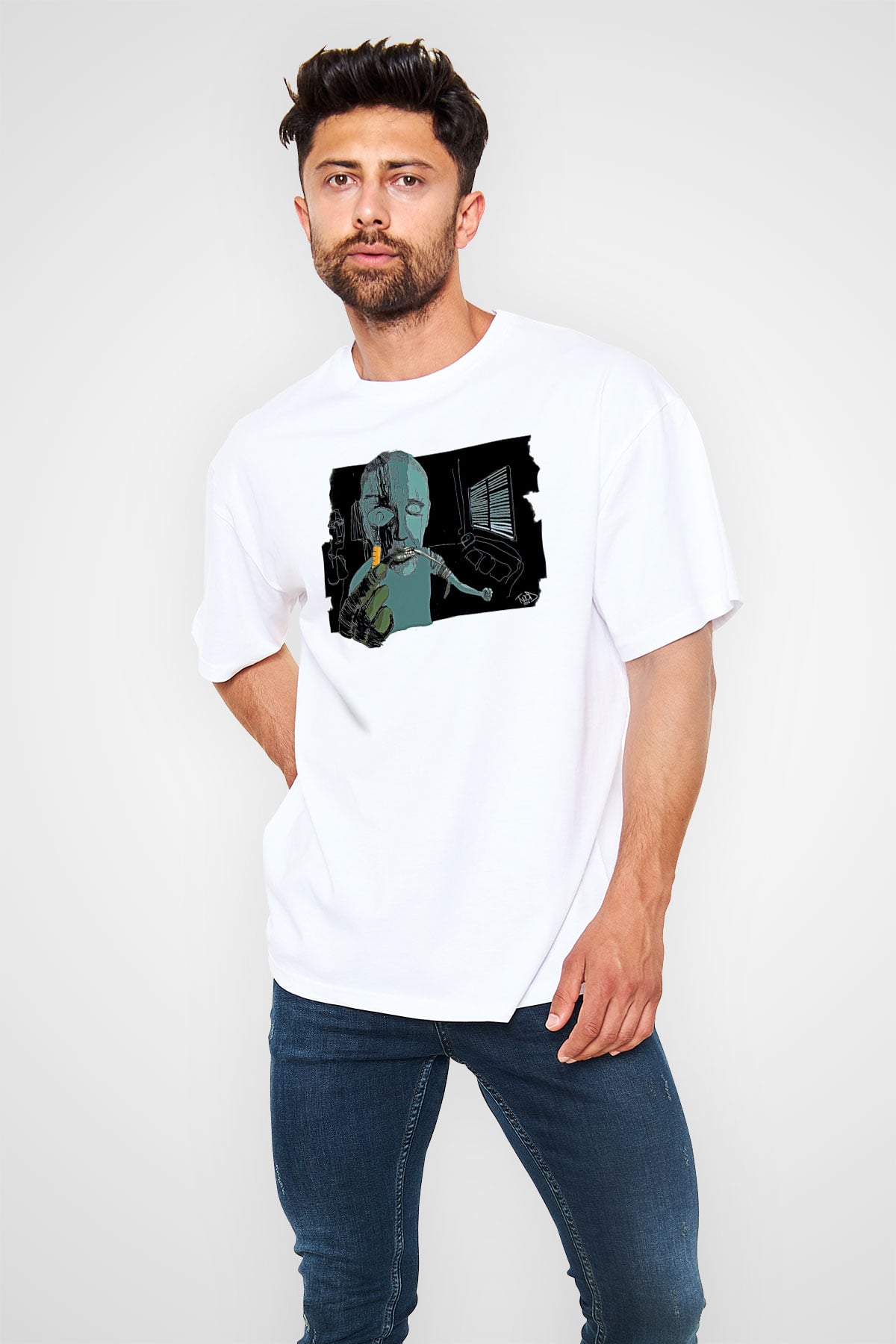 Trainspotting Baskılı Beyaz Unisex Oversize Tişört - Tshirt