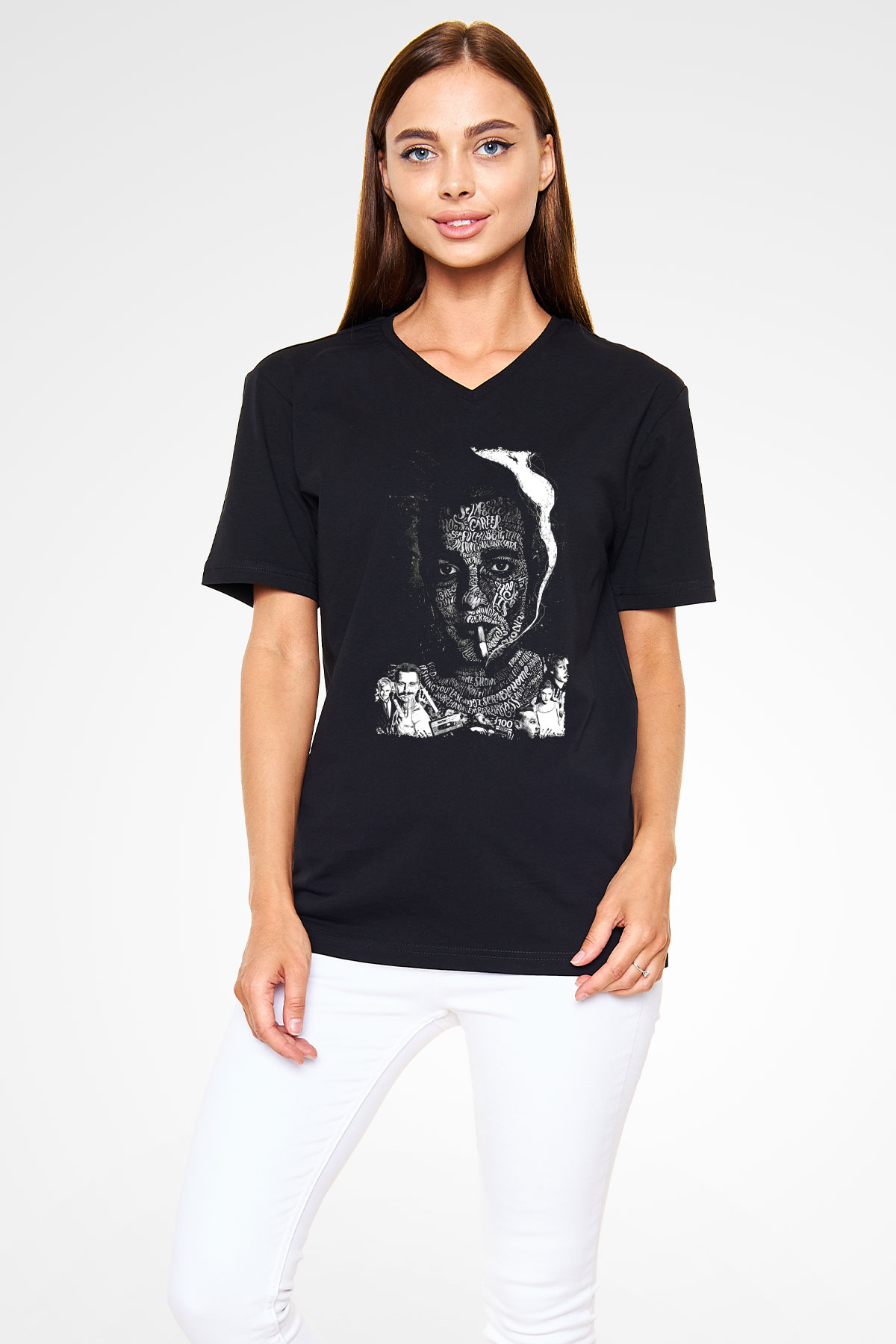 Trainspotting Baskılı Unisex Siyah V Yaka Tişört - Tshirt